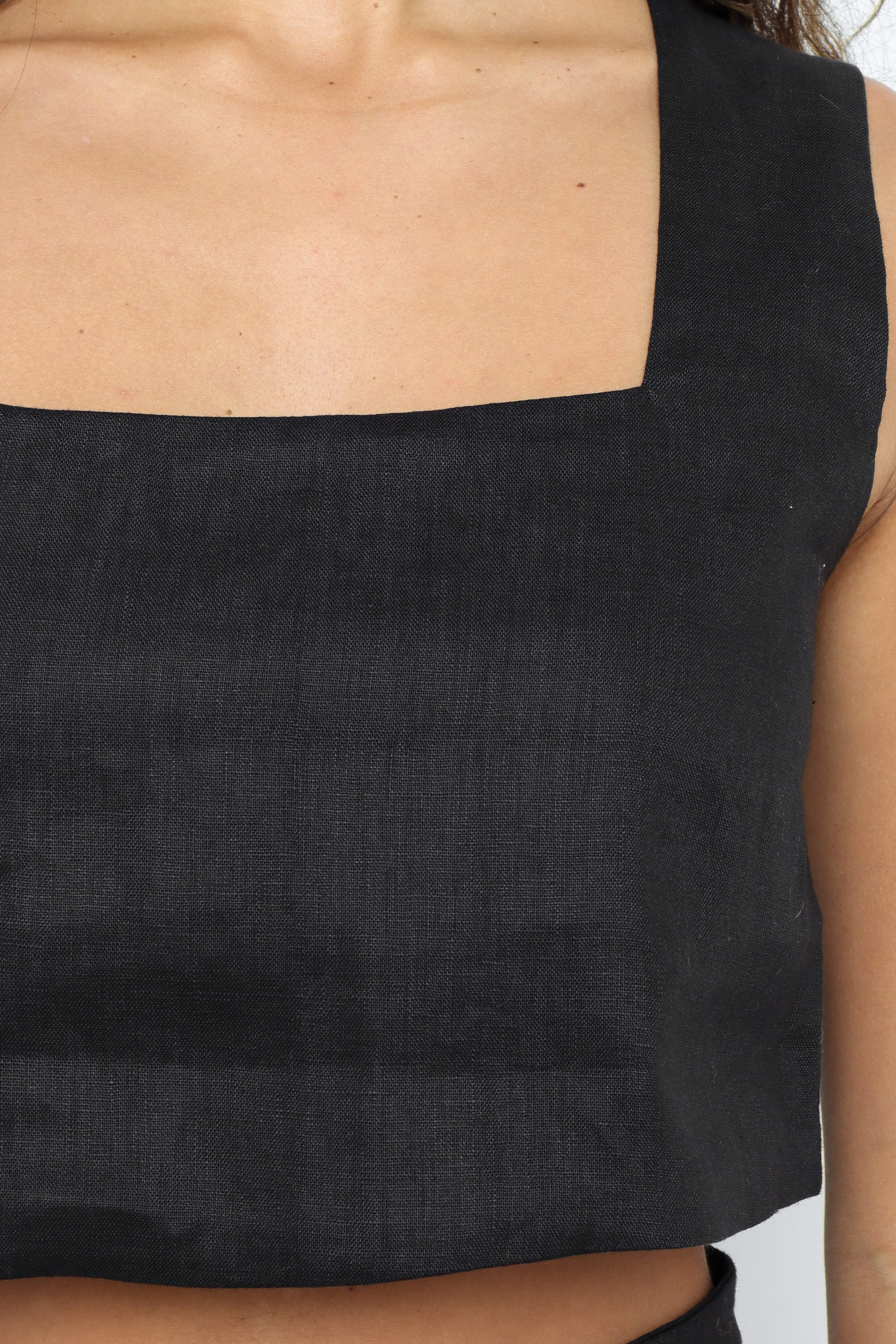 Linen Cropped Cami Top - Devlin Black Square Neck Relaxed Fit