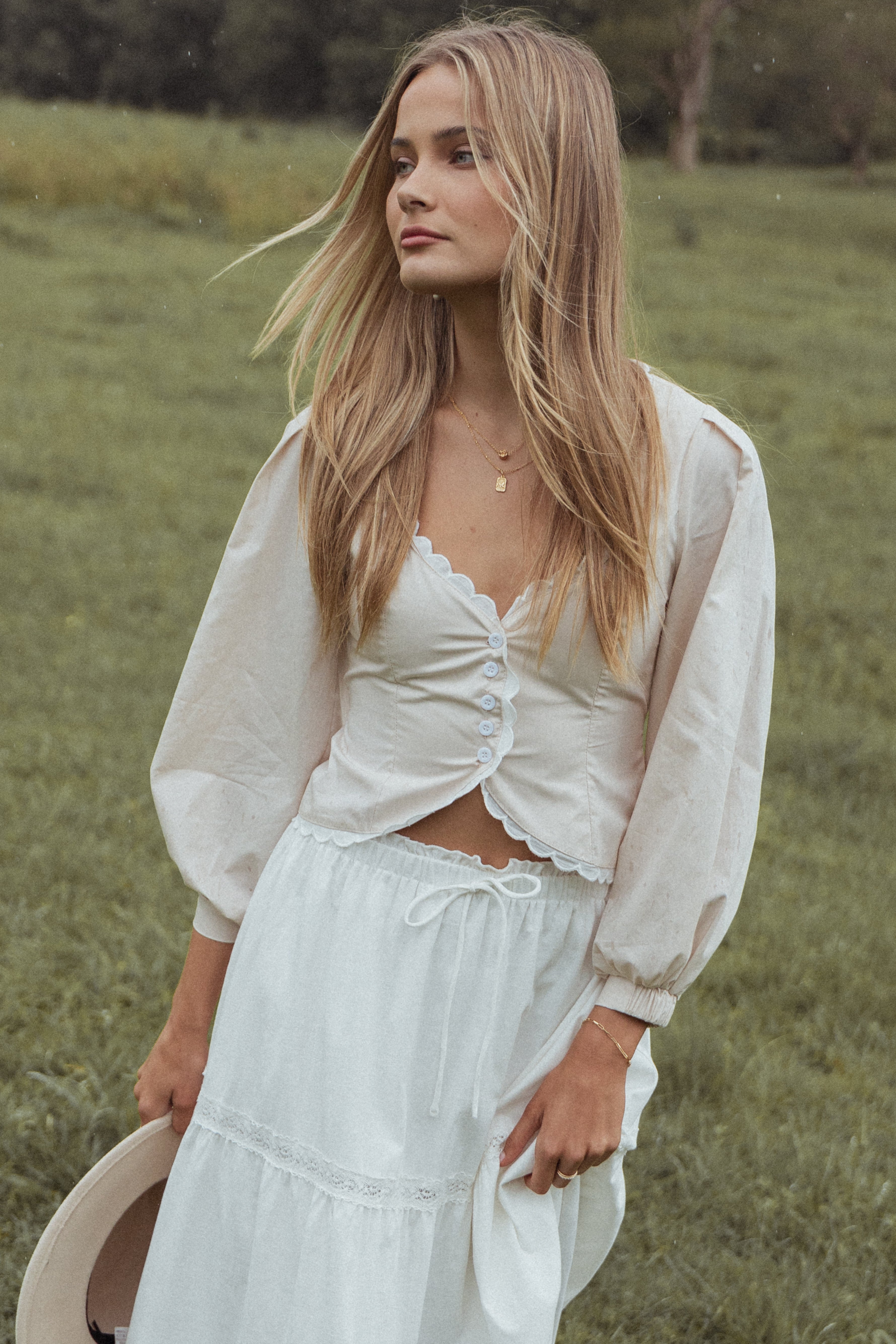 Cream White Nolette Top with V Neck & Scallop Trim - 100% Cotton