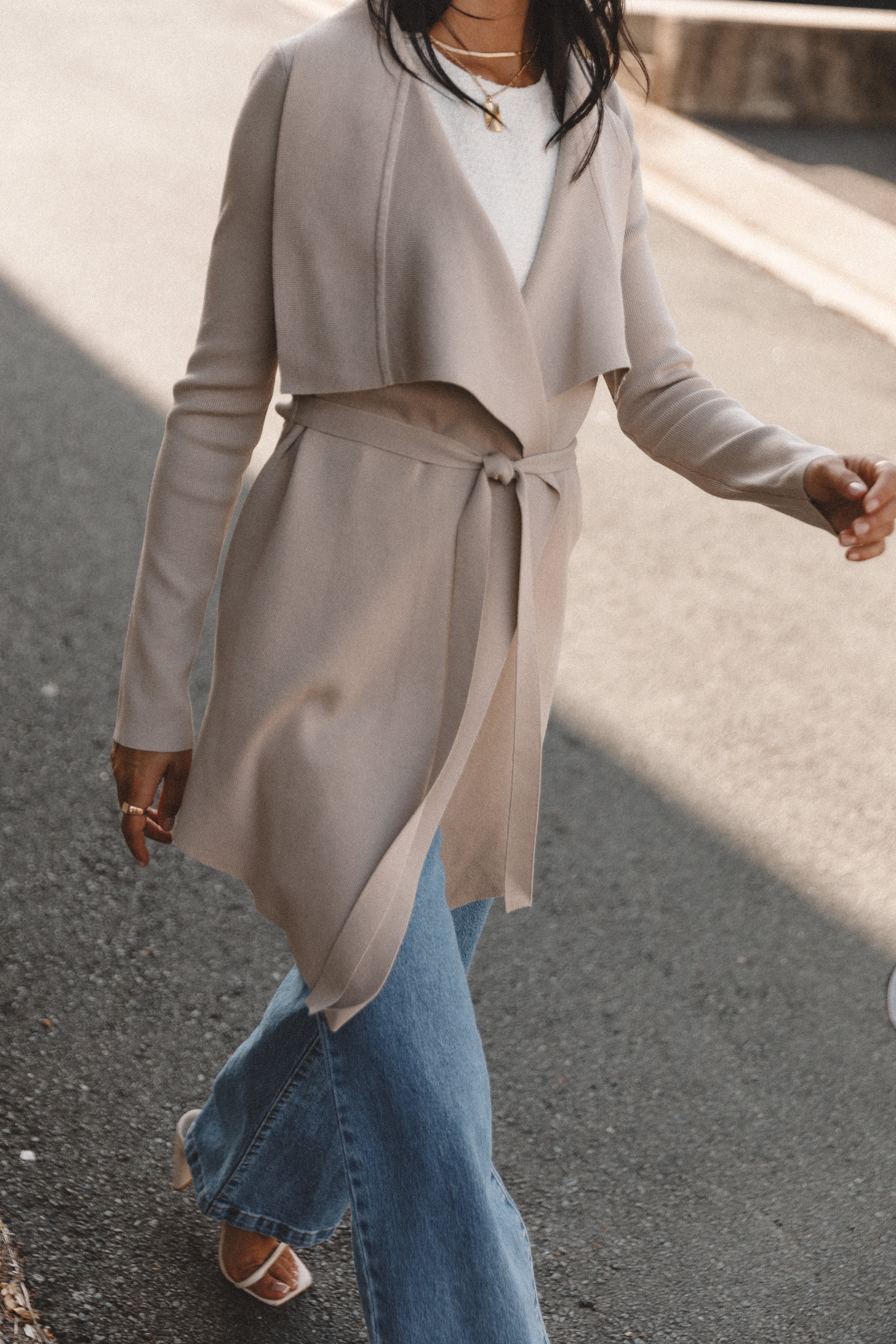 Beige Viscose Cardigan with Waist Tie & Waterfall Front