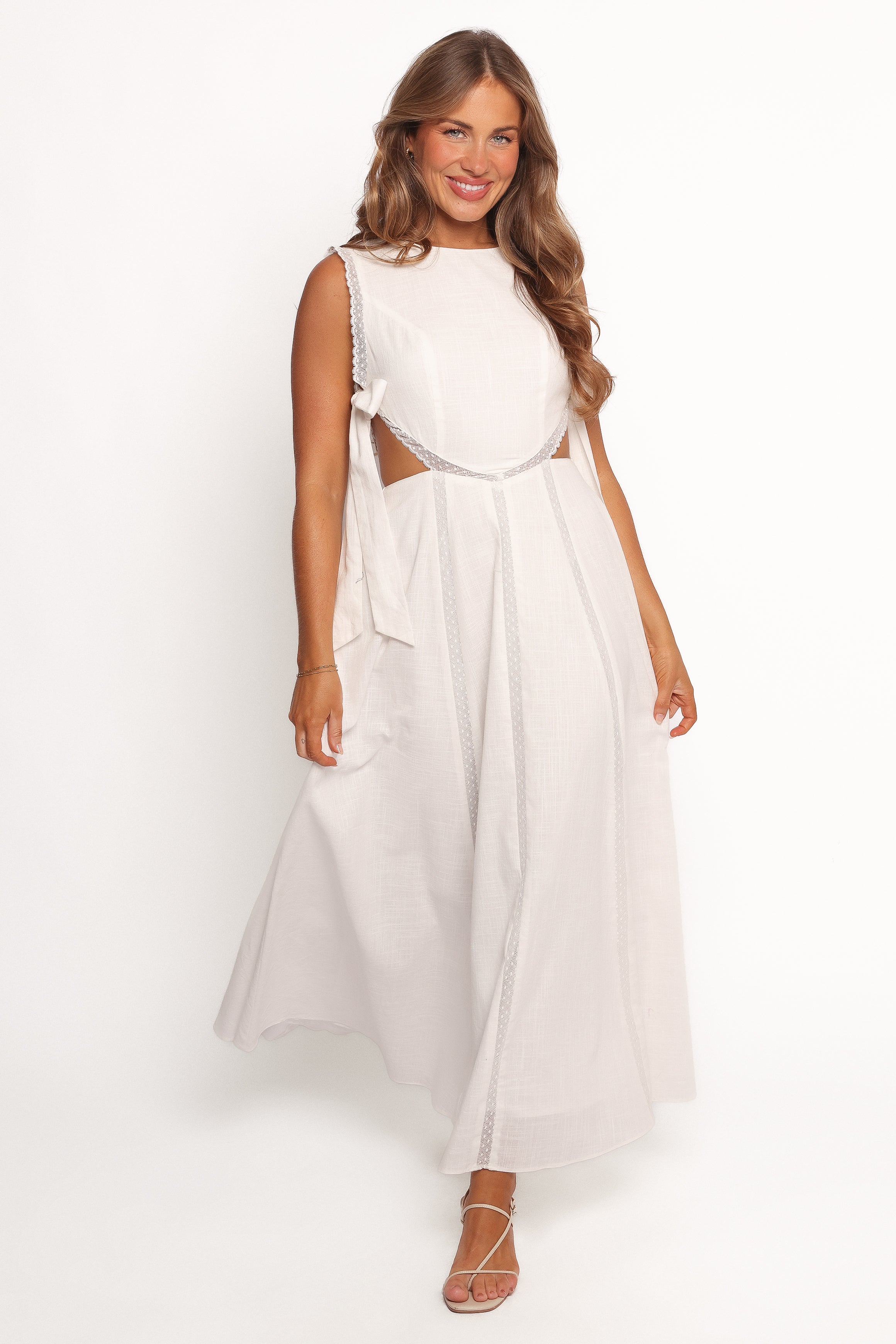 Rochelle Elegant Off White Lace Maxi Dress with Side Cut Out