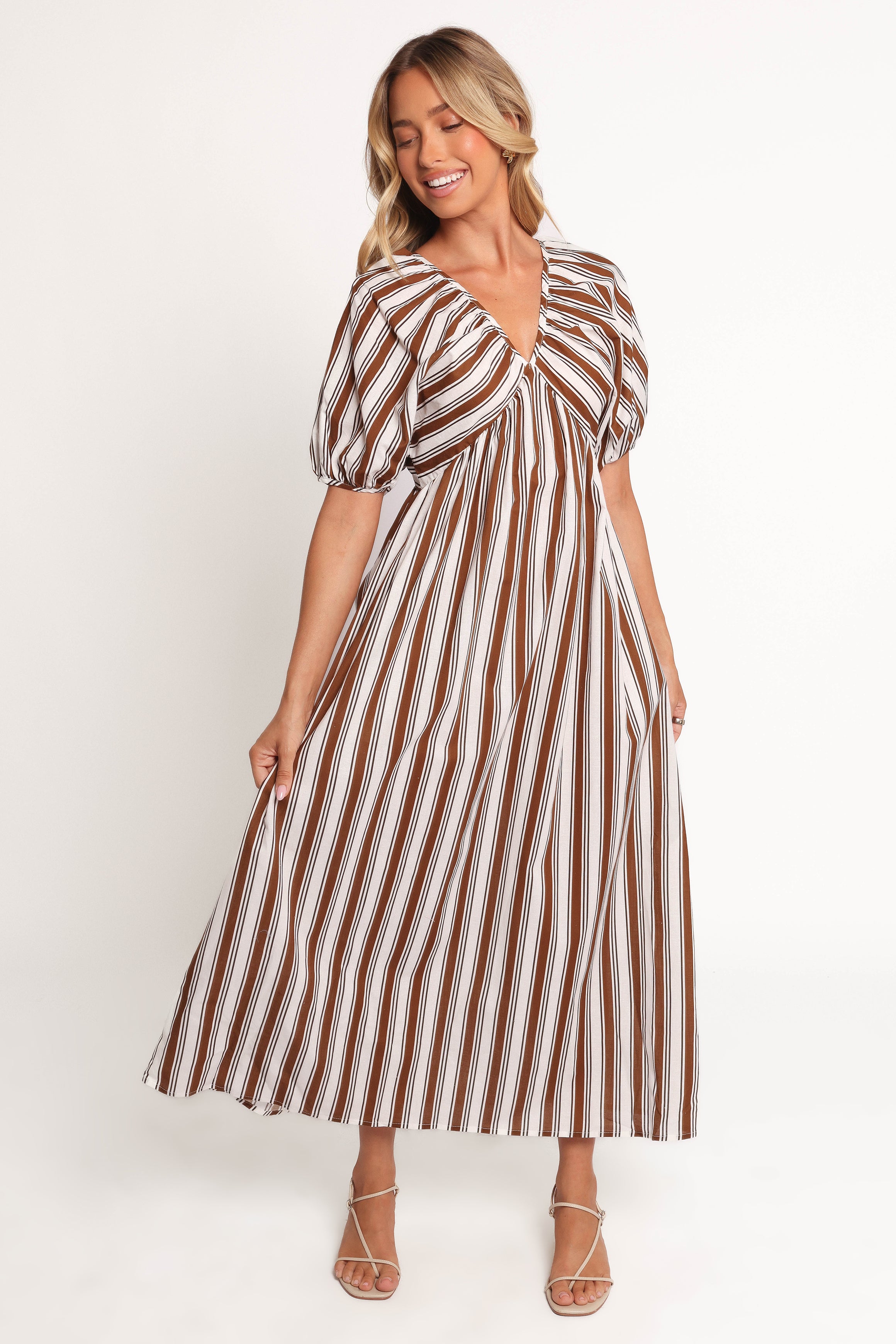 Sullivan Chocolate Stripe Puff Sleeve Maxi Dress with V Neck