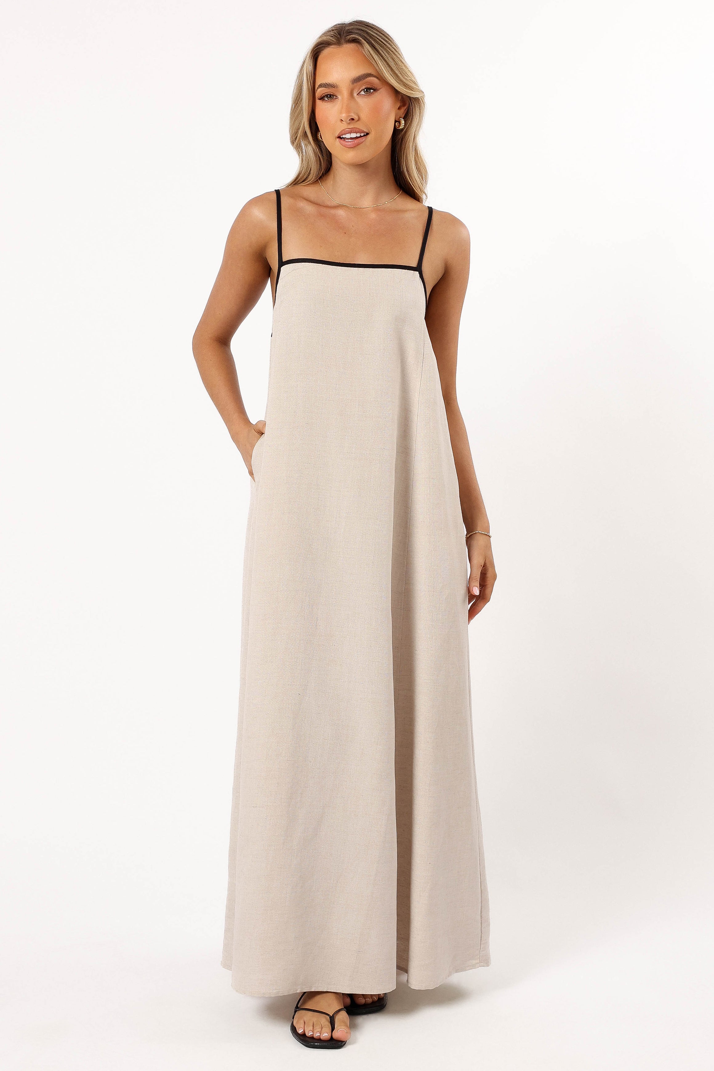 Beige Linen Maxi Dress with Pockets & Adjustable Straps - Elliana