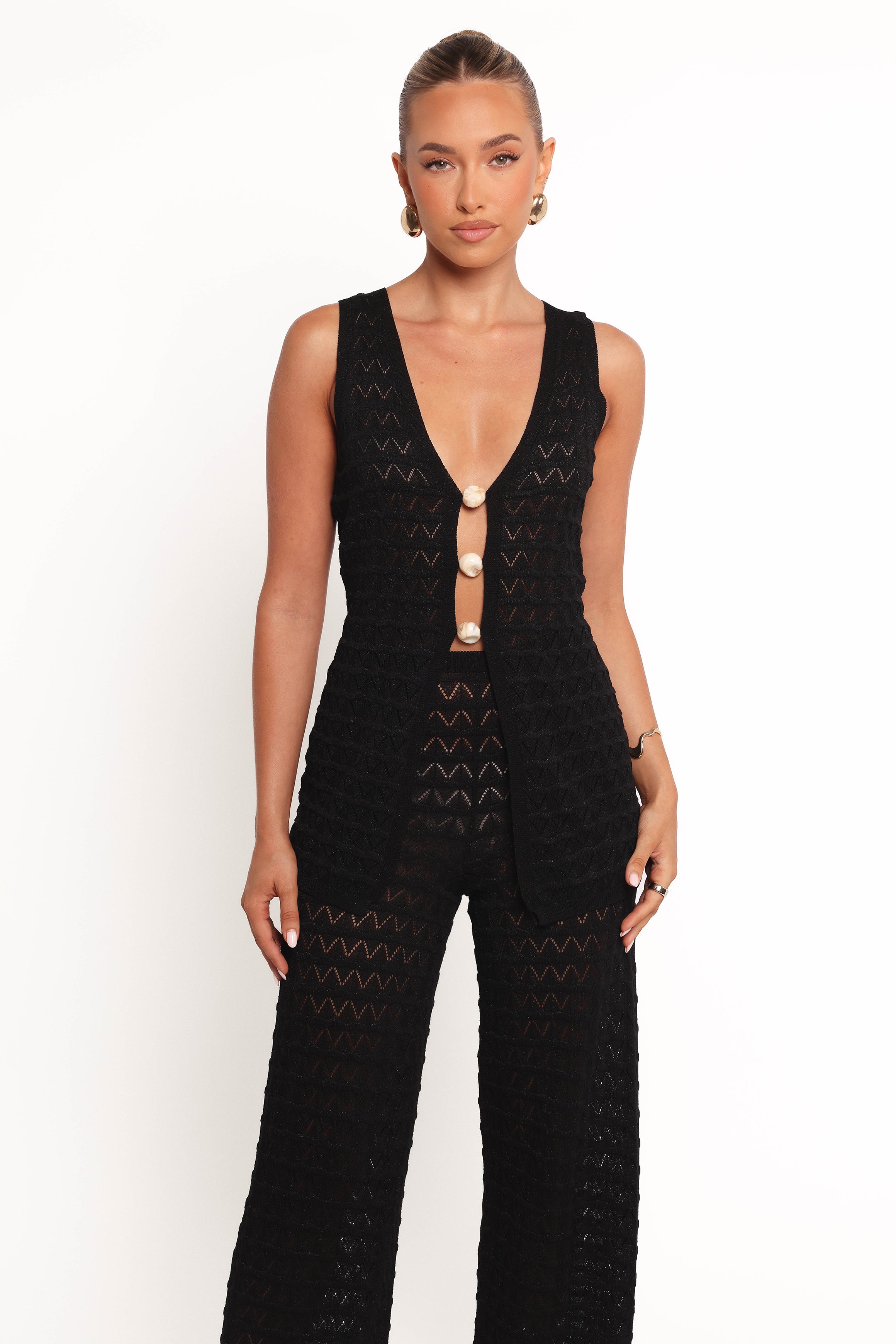 Black Fiore Top with V-Neck & Bead Detail - Sleeveless Crochet Knit
