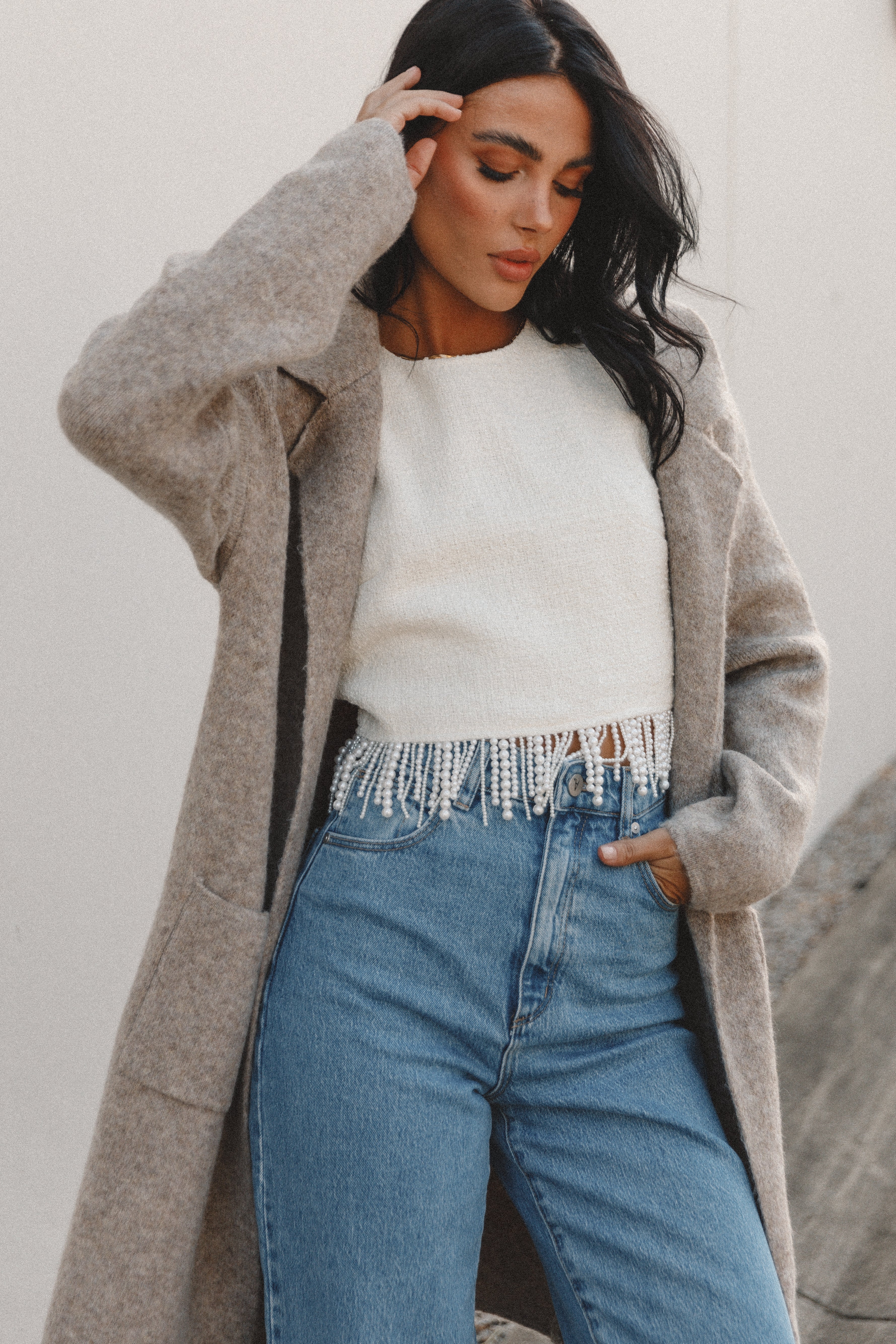 Skylar Taupe Wool Blend Open Front Coatigan for Women