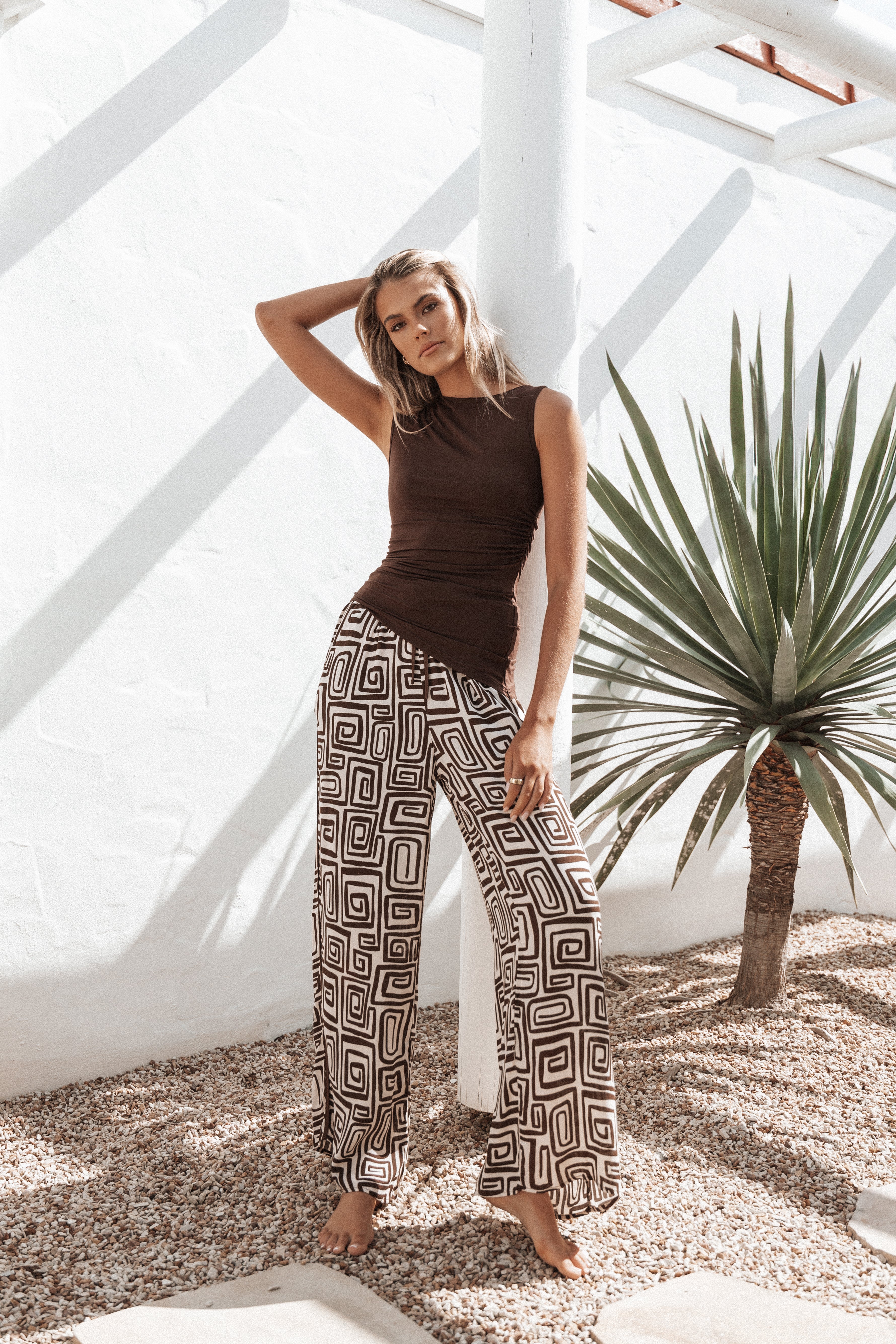 Women's High Waisted Chocolate Brown Print Pants with Pockets - 100% Viscose