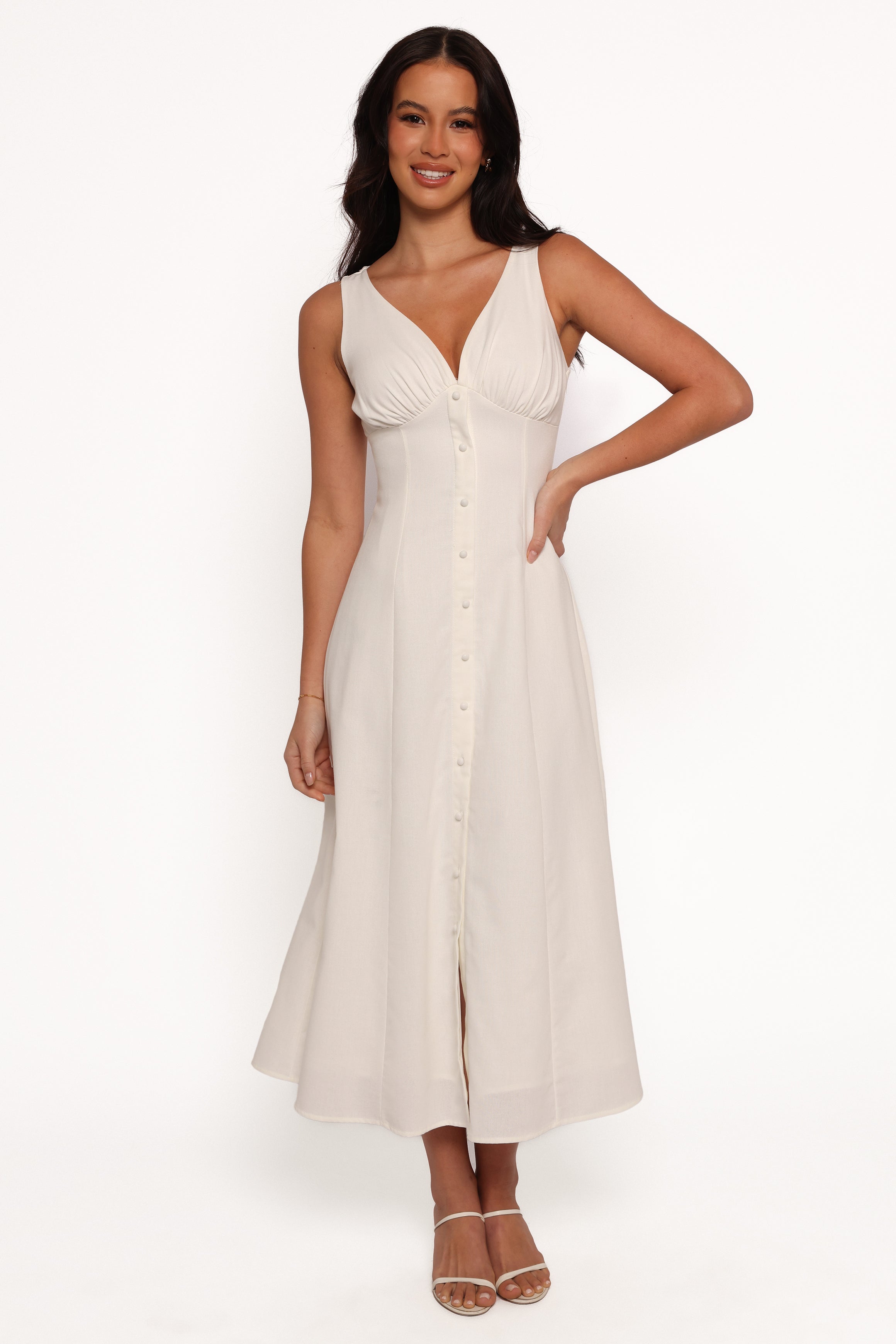 Barbara White Midi Dress - Button Down V-Neck A-Line Rayon Lined