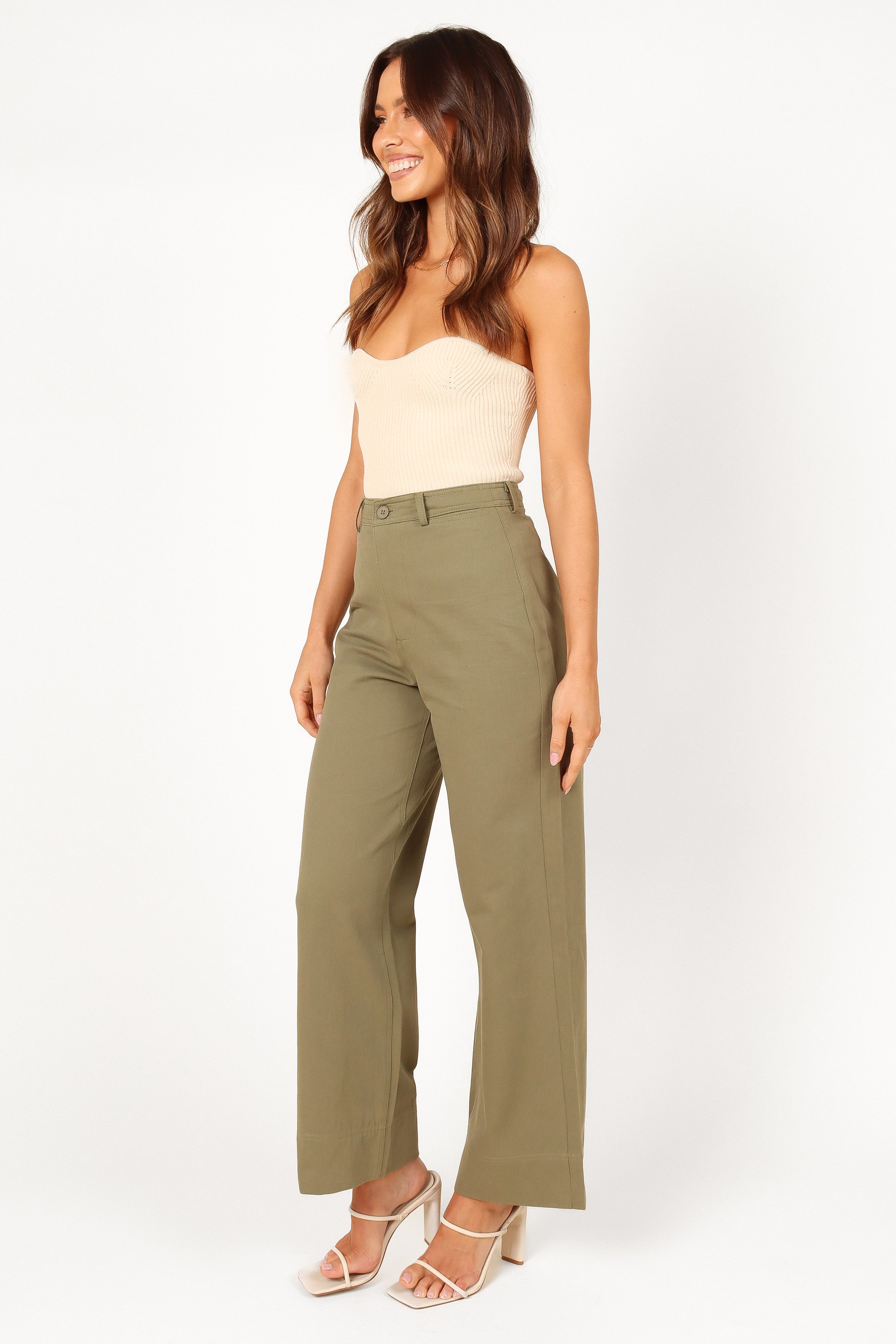 High Waisted Olive Green Cotton Pants - Lawrence Relaxed Fit Straight Leg