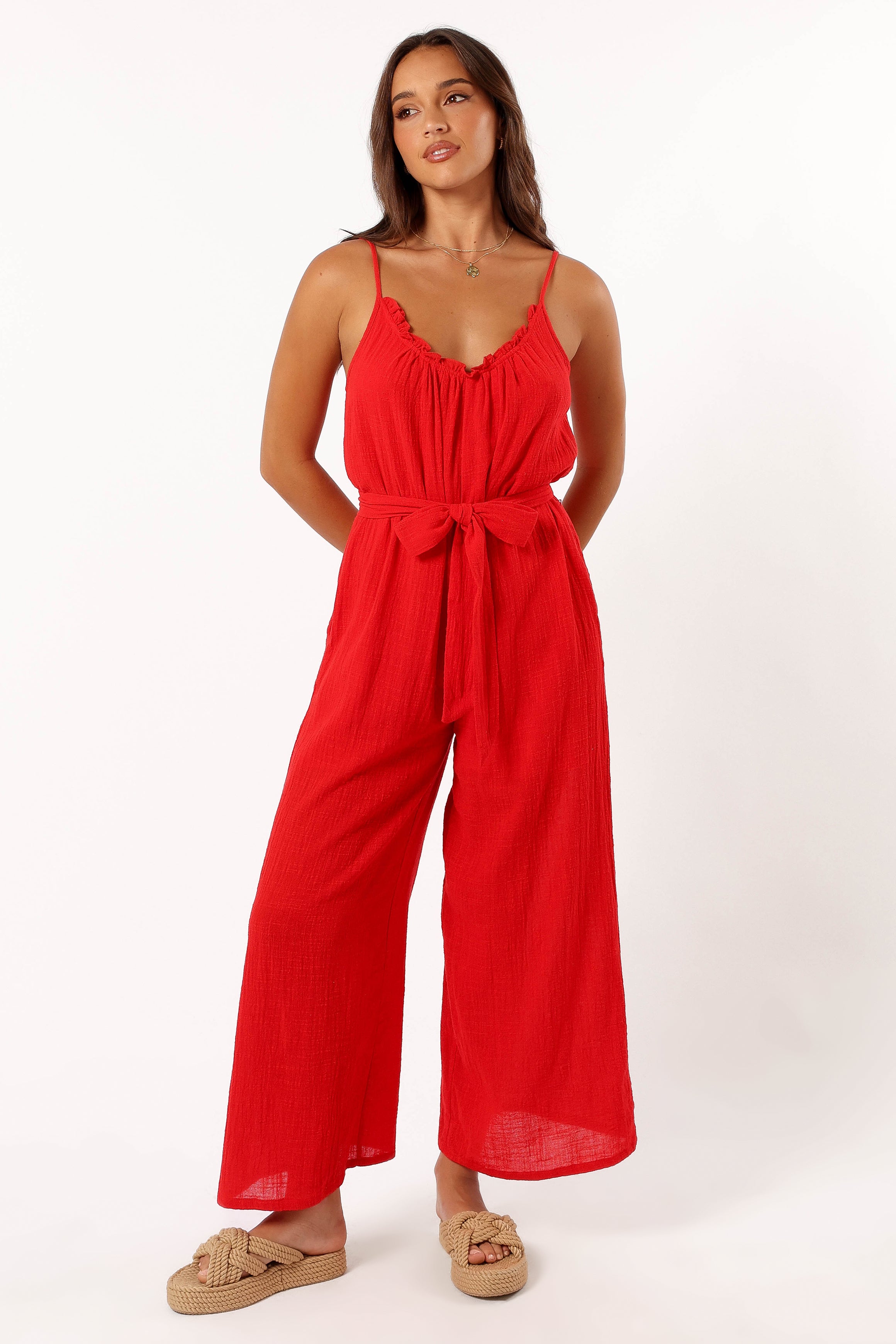 Red Cotton Alondra Jumpsuit with Adjustable Straps & Pockets