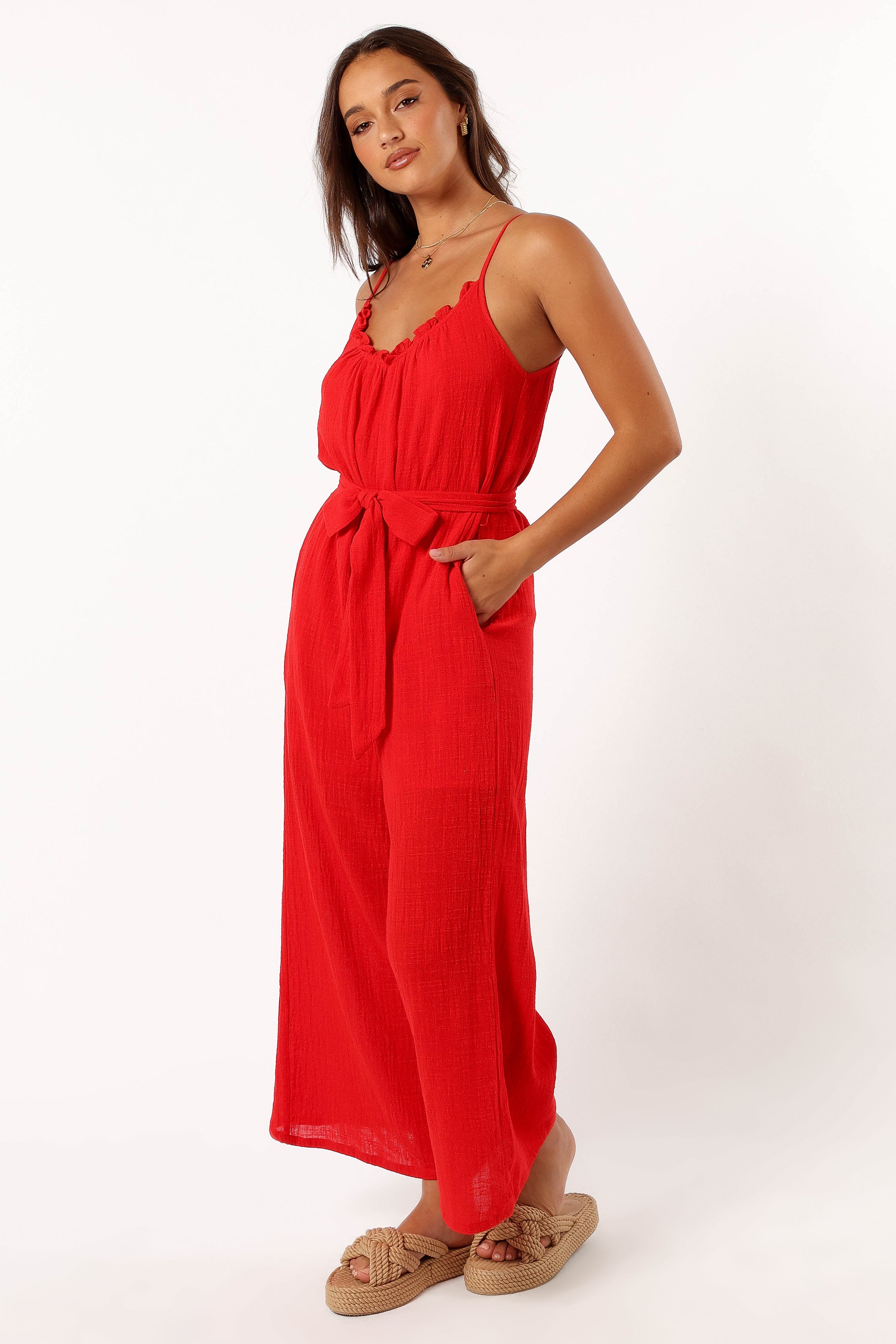 Red Cotton Alondra Jumpsuit with Adjustable Straps & Pockets
