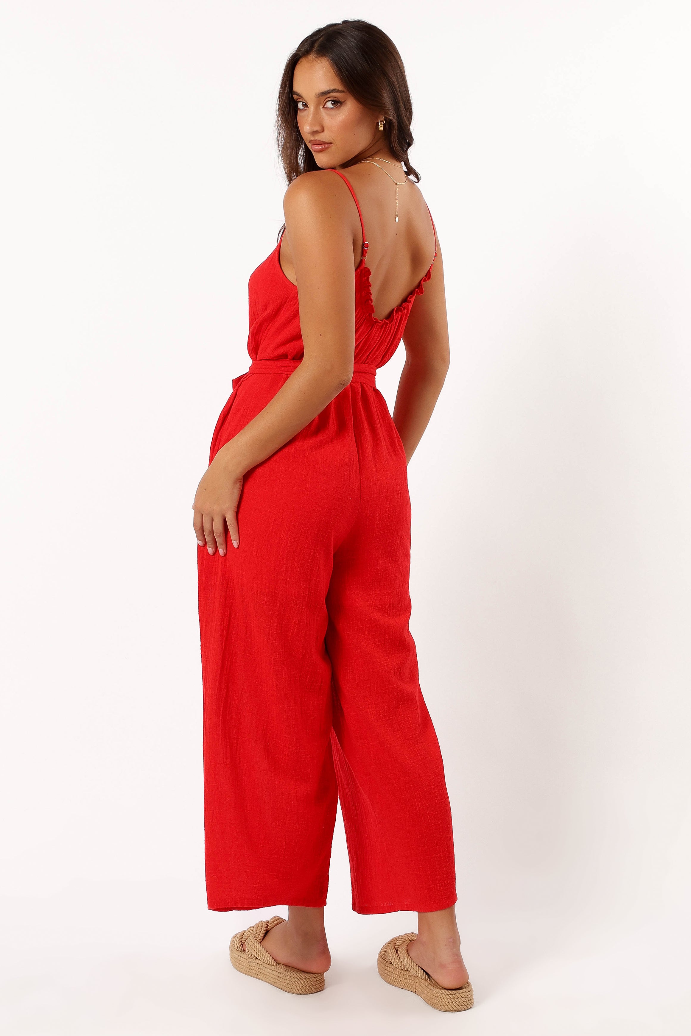 Red Cotton Alondra Jumpsuit with Adjustable Straps & Pockets