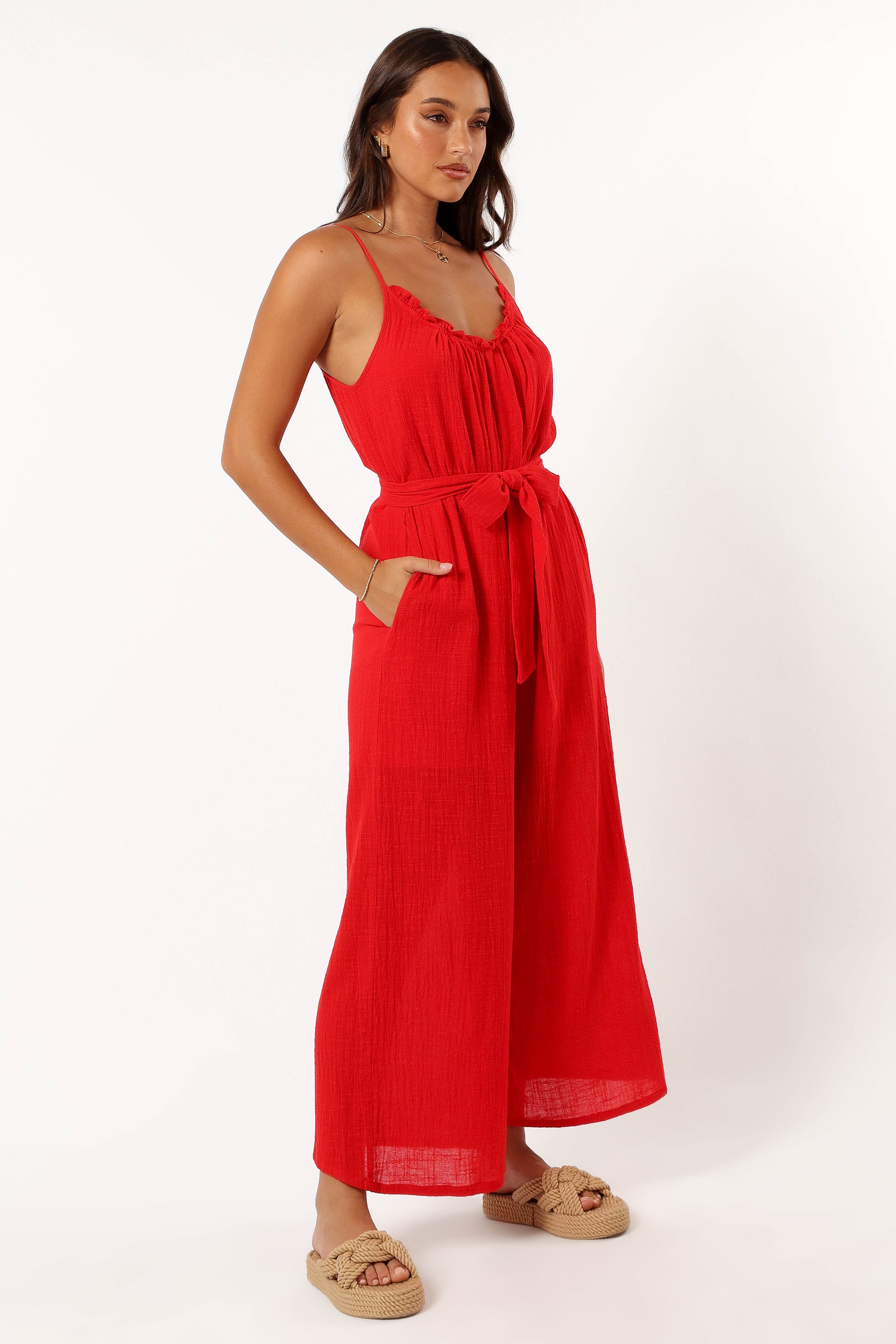 Red Cotton Alondra Jumpsuit with Adjustable Straps & Pockets