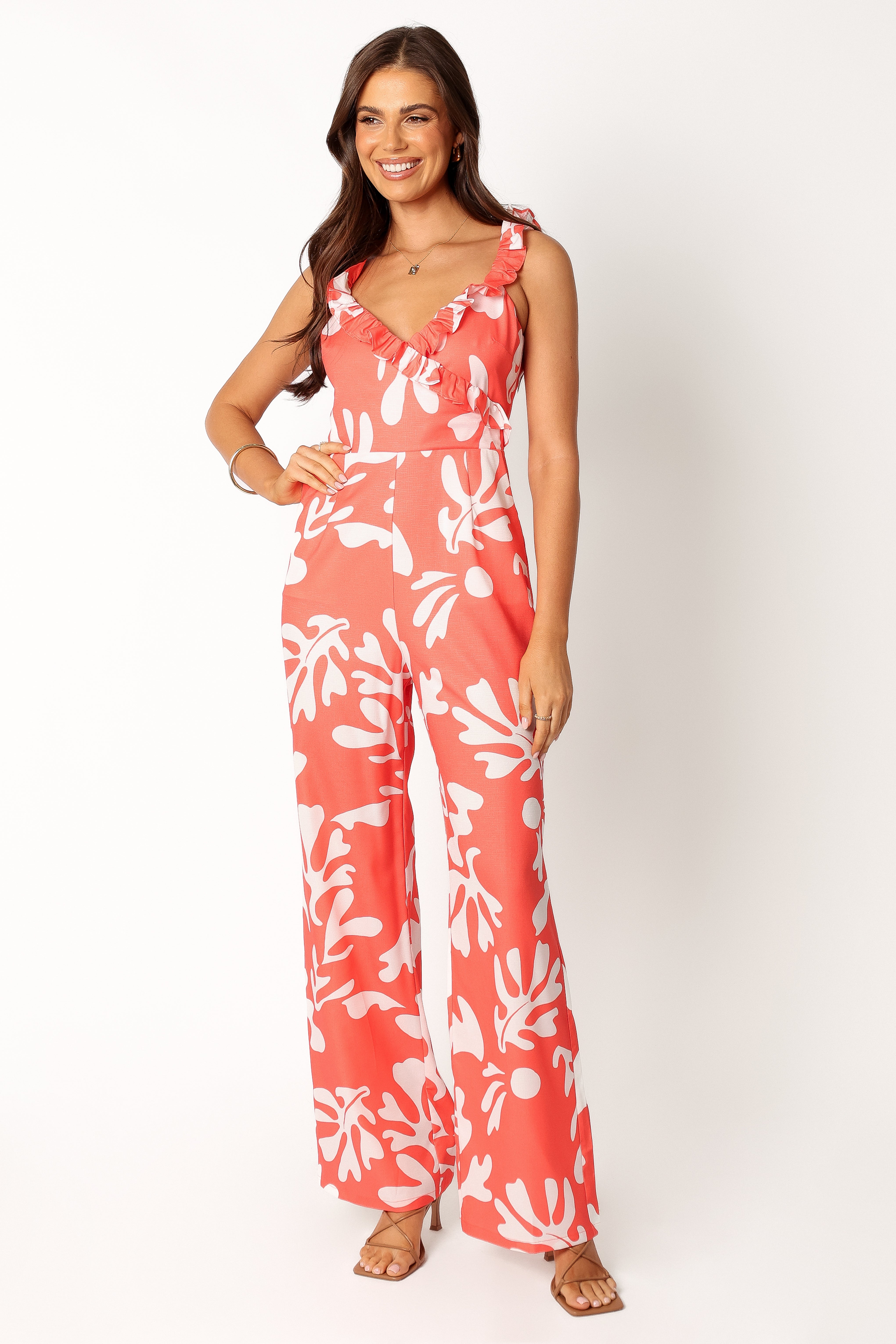 Women's Tropical Print Payton Jumpsuit with Pockets - Melon White