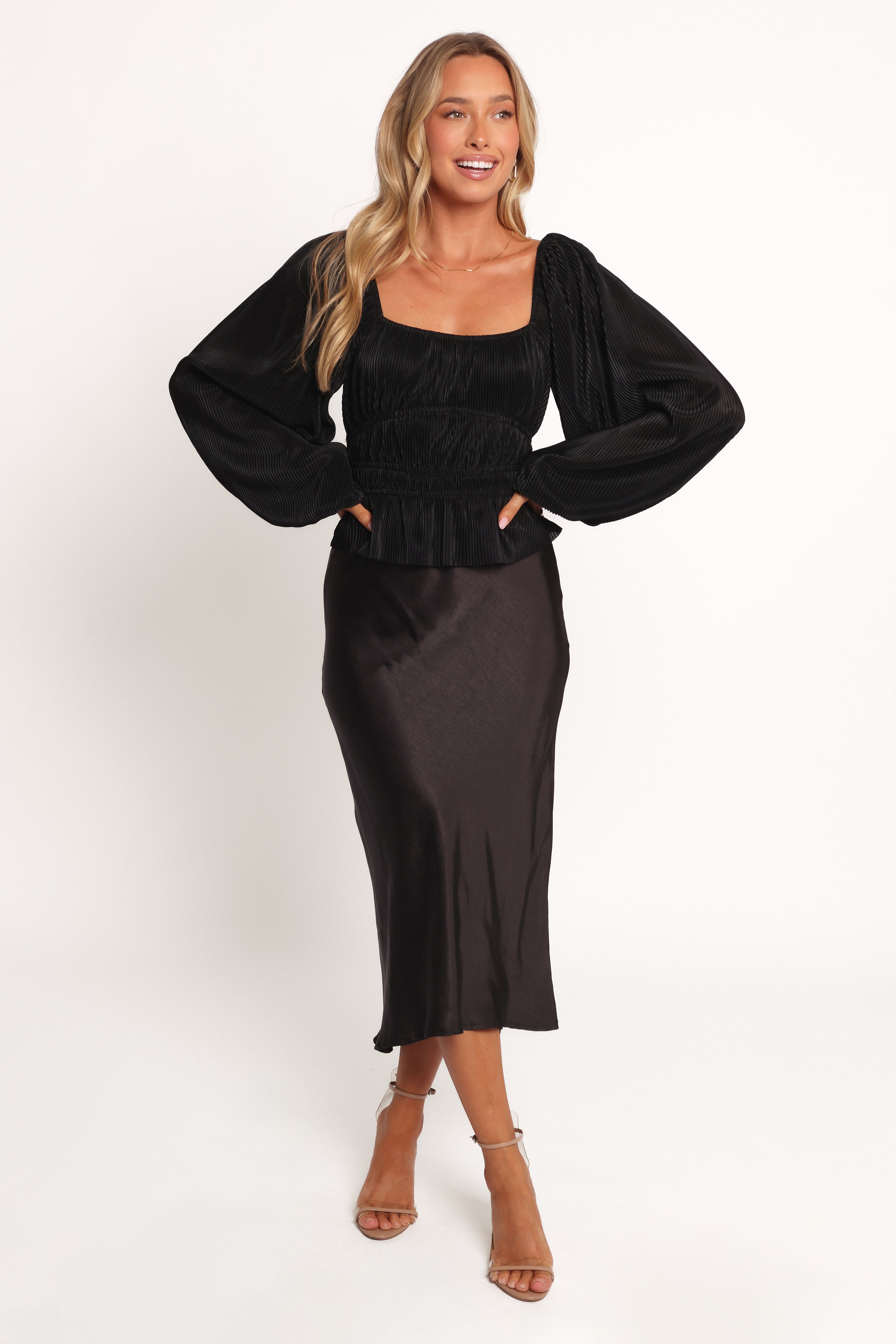 Ceppia Black Plisse Crop Top with Balloon Sleeves