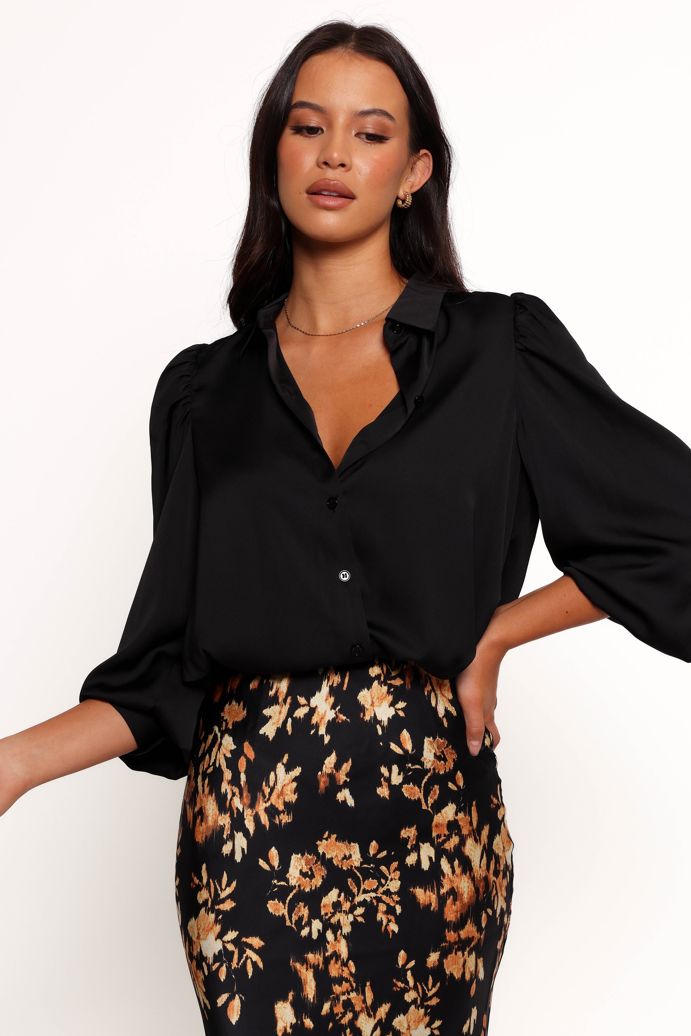 Satin V-Neck Collared Top - Black Melodie Blouse