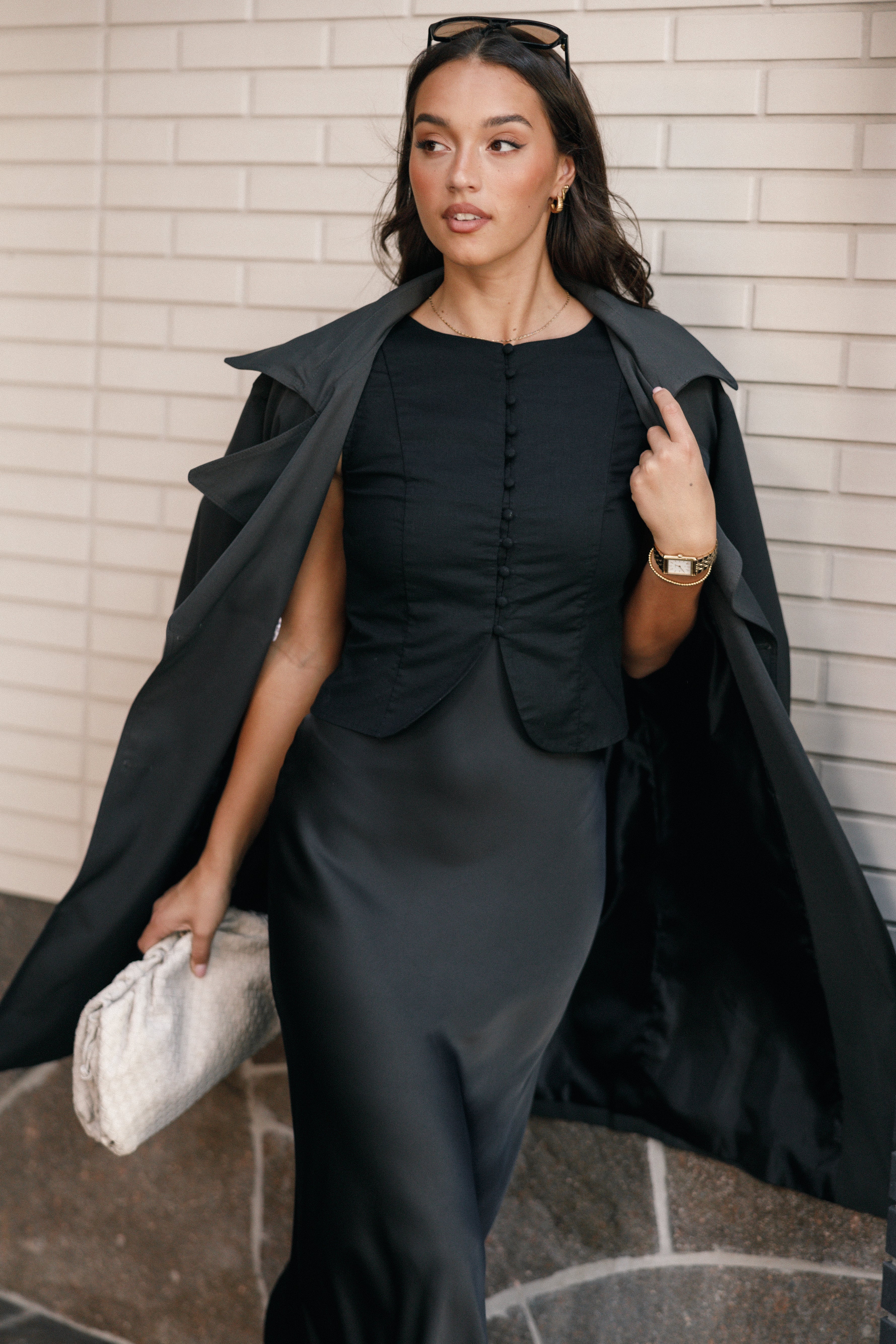 Daniella Black Linen Vest Top with Button Down Closure