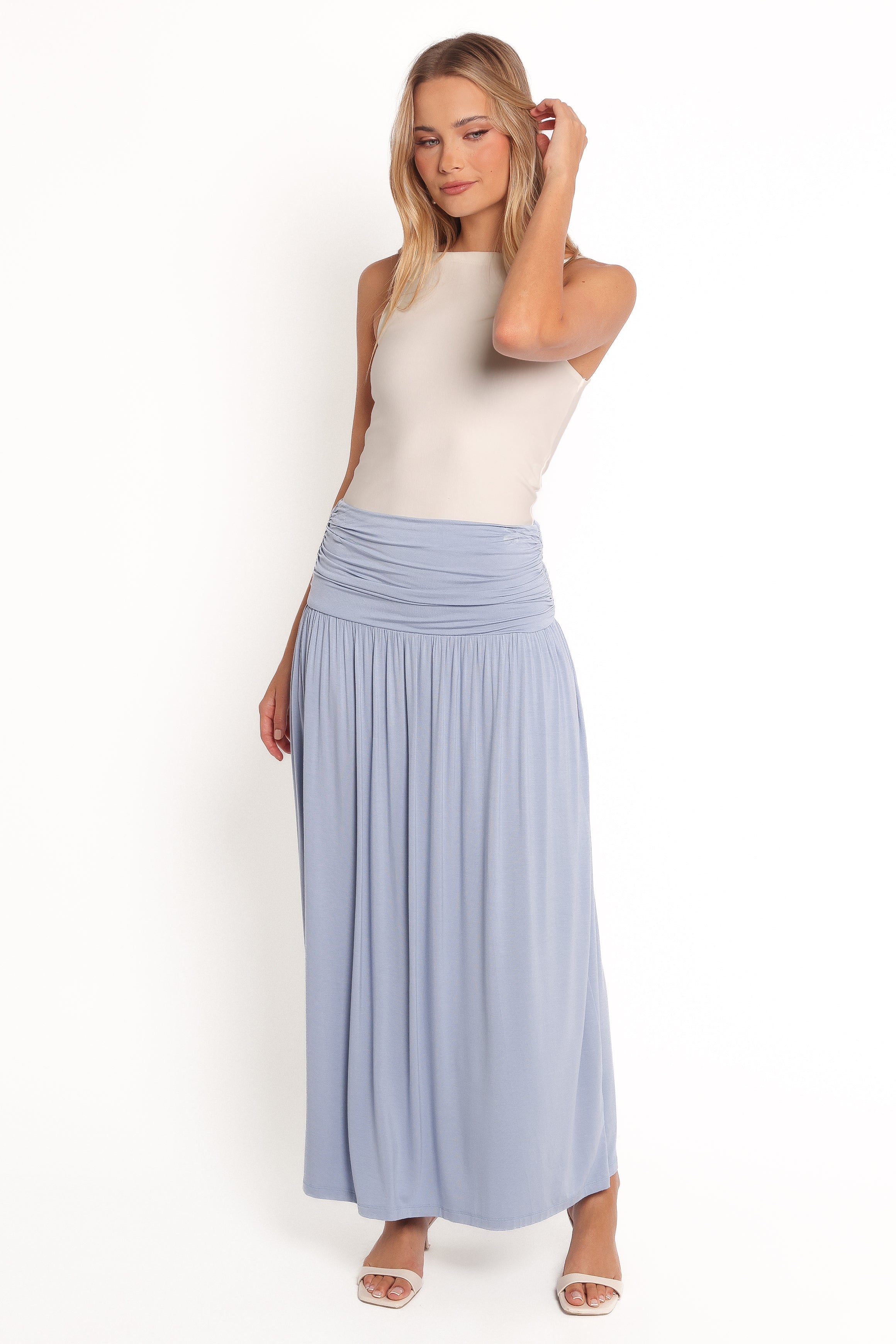Lavia Soft Blue Ruched Knit Maxi Skirt - High Waisted A-Line