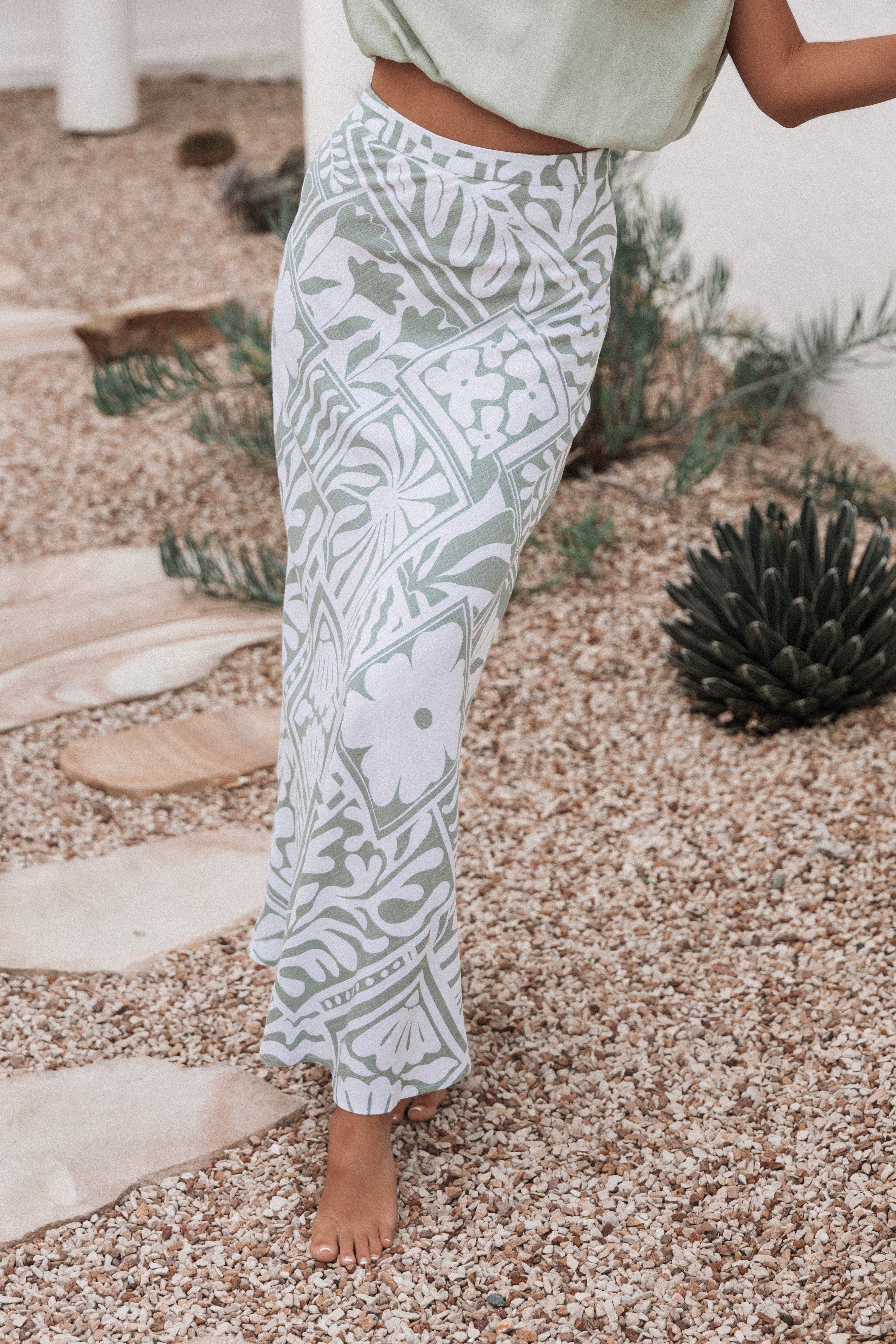 Floral Print Maxi Skirt - Willow Sage Rayon Linen
