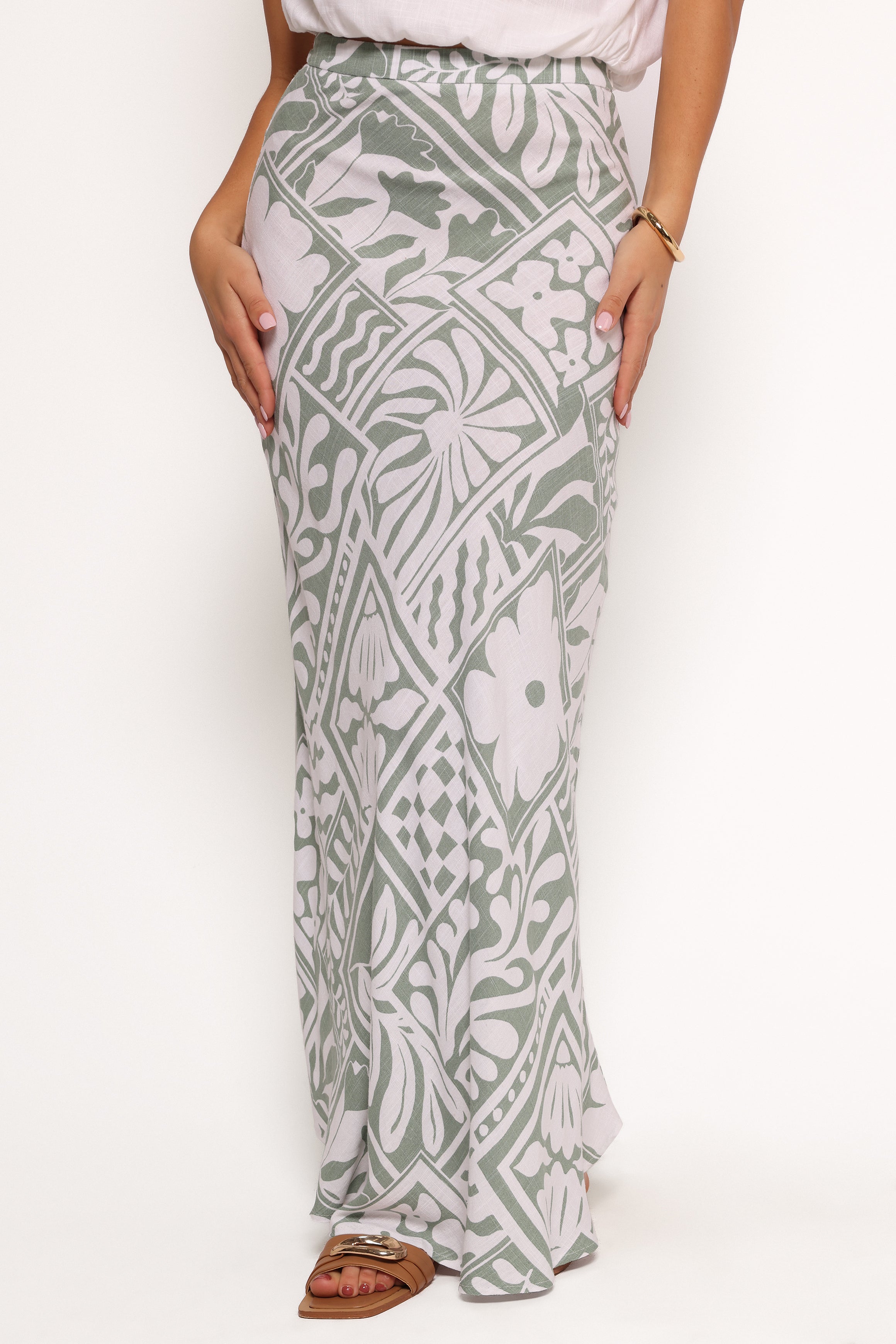 Floral Print Maxi Skirt - Willow Sage Rayon Linen