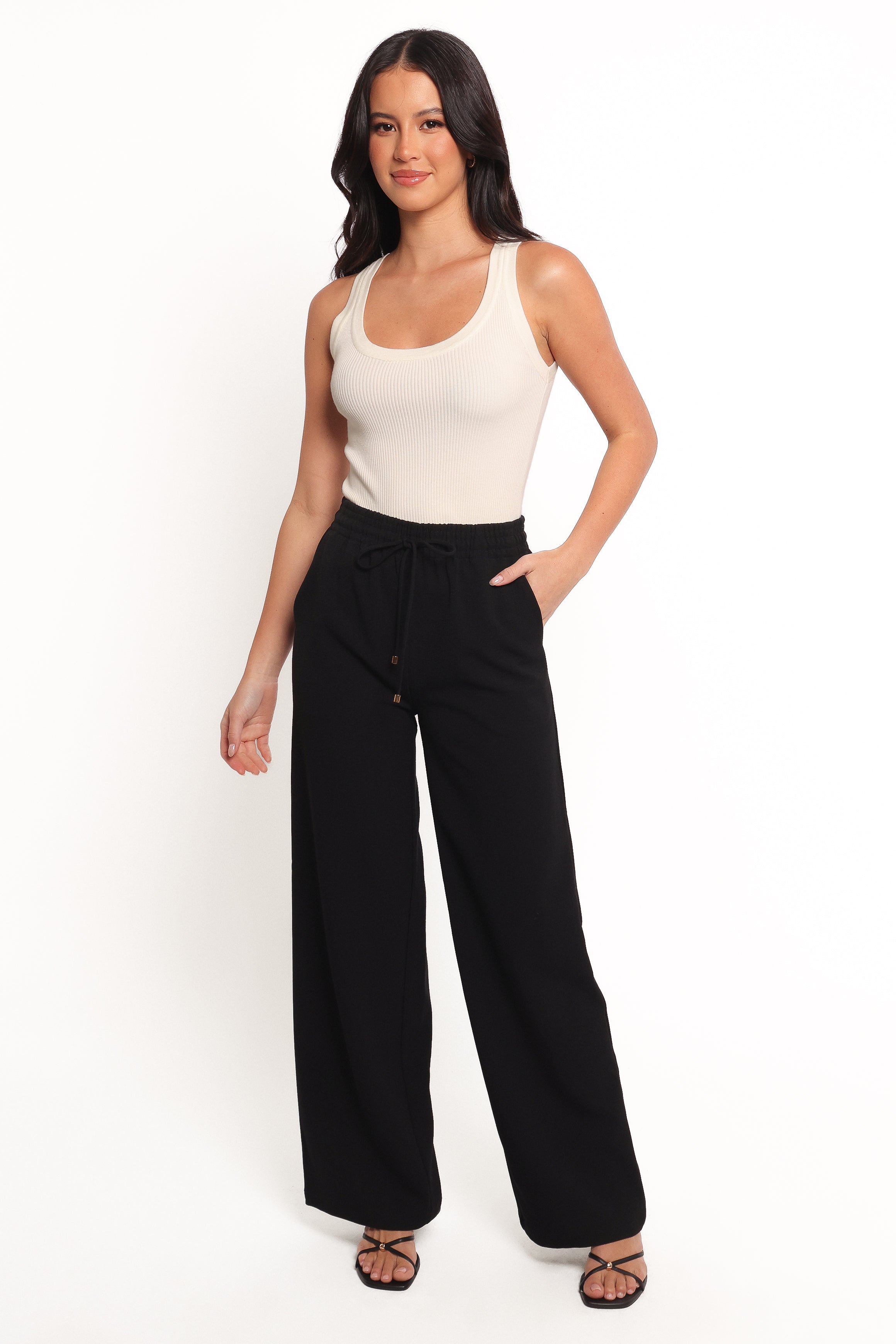 Black Wide Leg Crepe Pants with Elastic Waist & Gold Bead Detail