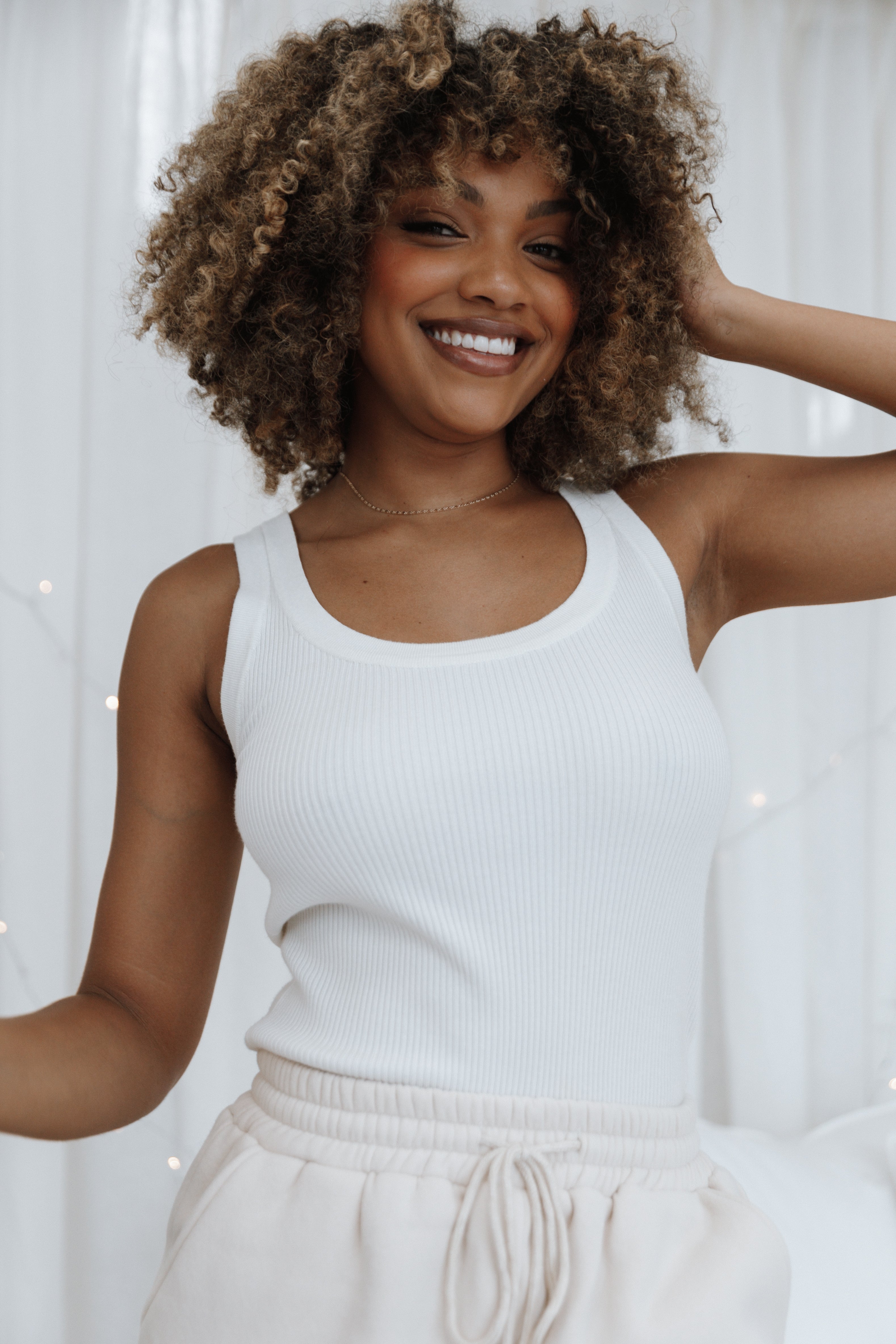 Women's White Ribbed Stretch Tobi Top - Lightweight Casual Shirt