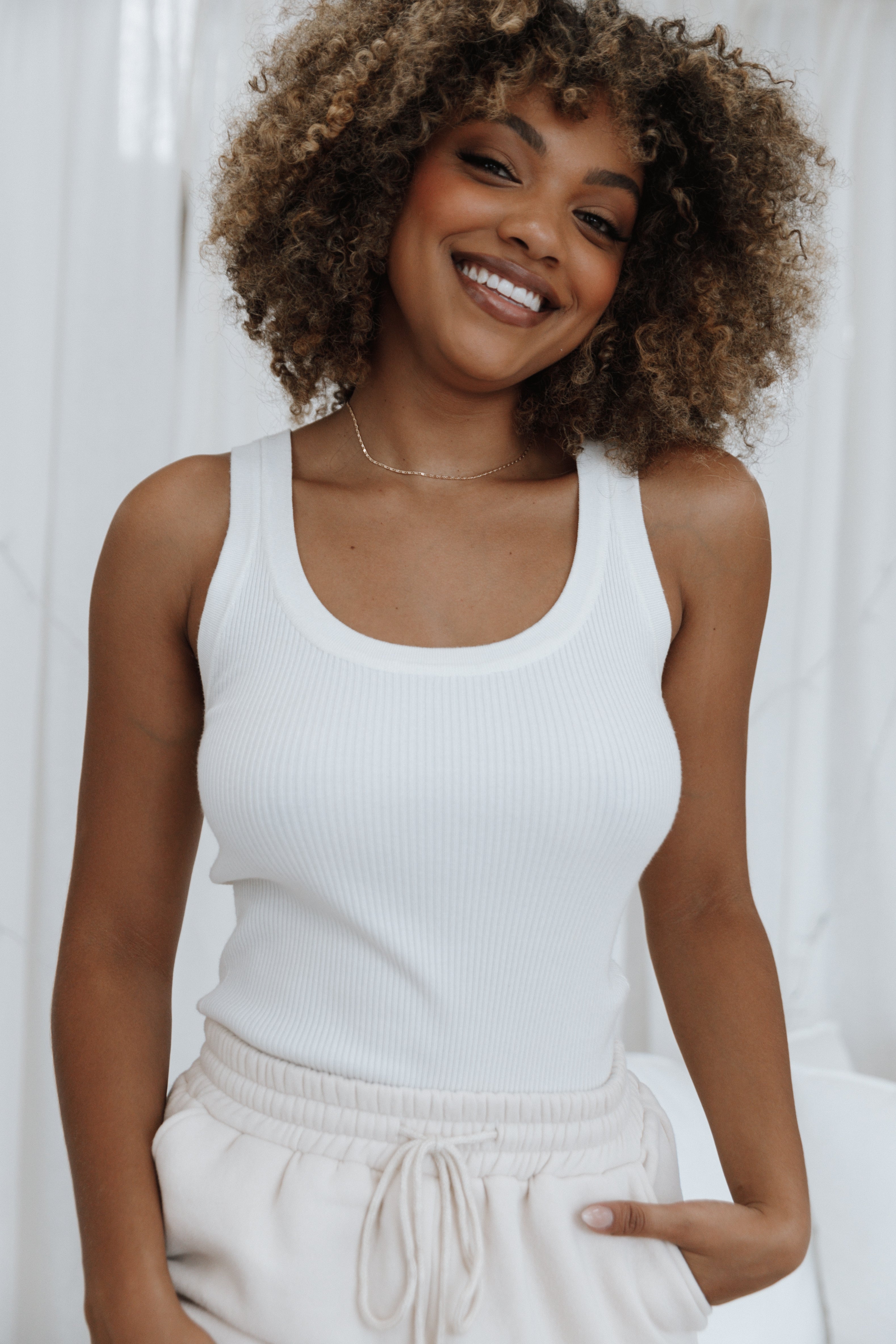 Women's White Ribbed Stretch Tobi Top - Lightweight Casual Shirt