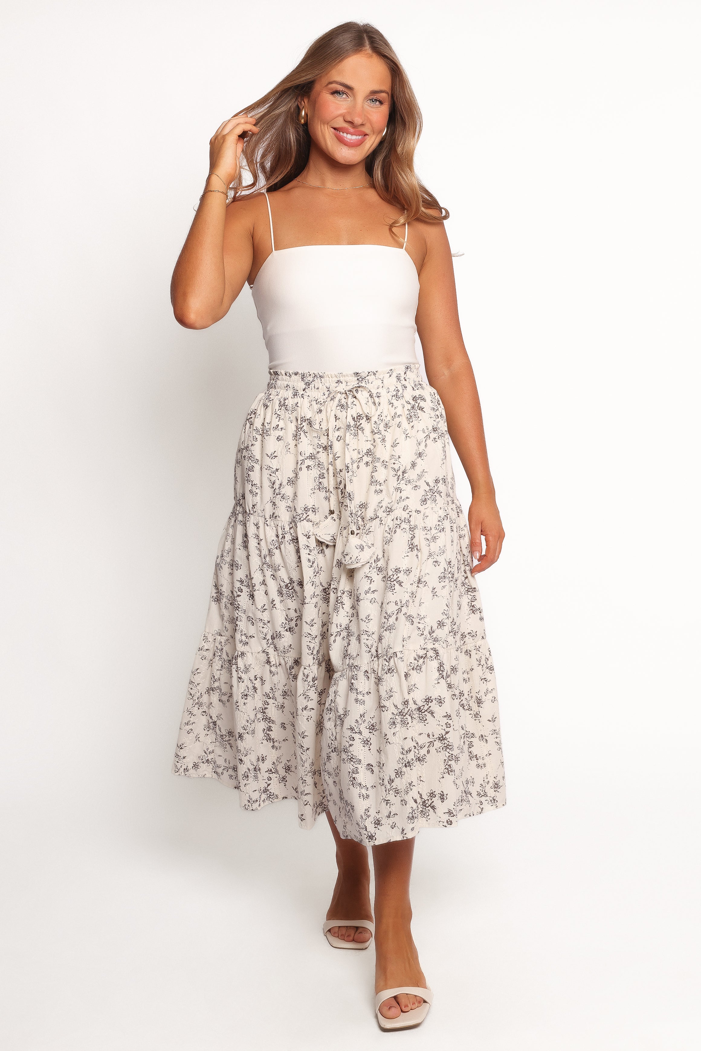 Lennon Cotton Maxi Skirt with Drawstring Waist - Brown Floral