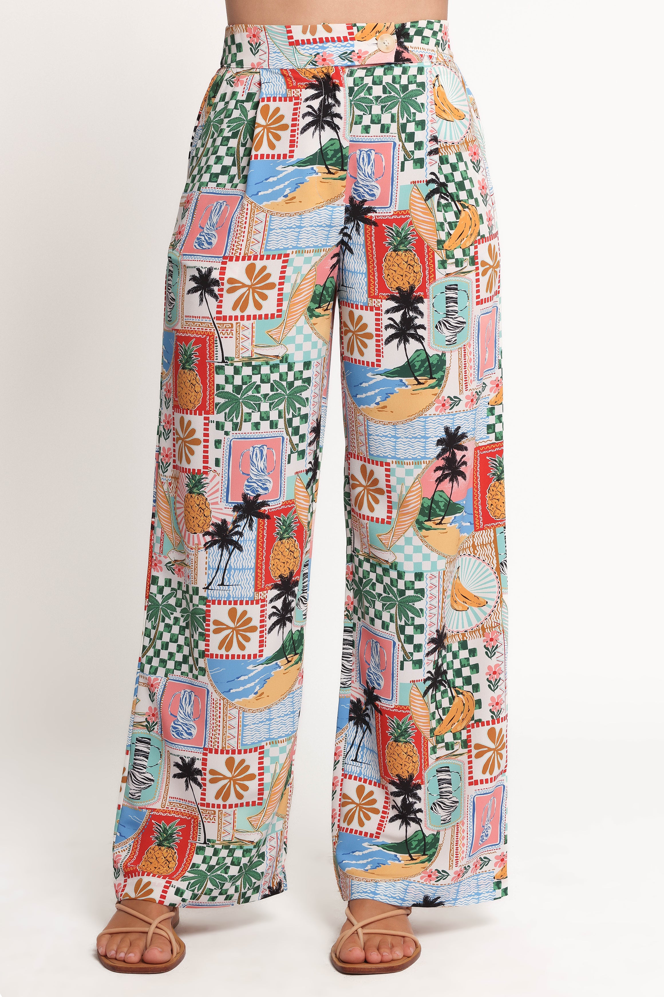Valeria High Waisted Pants - Off White Tropical Print Polyester