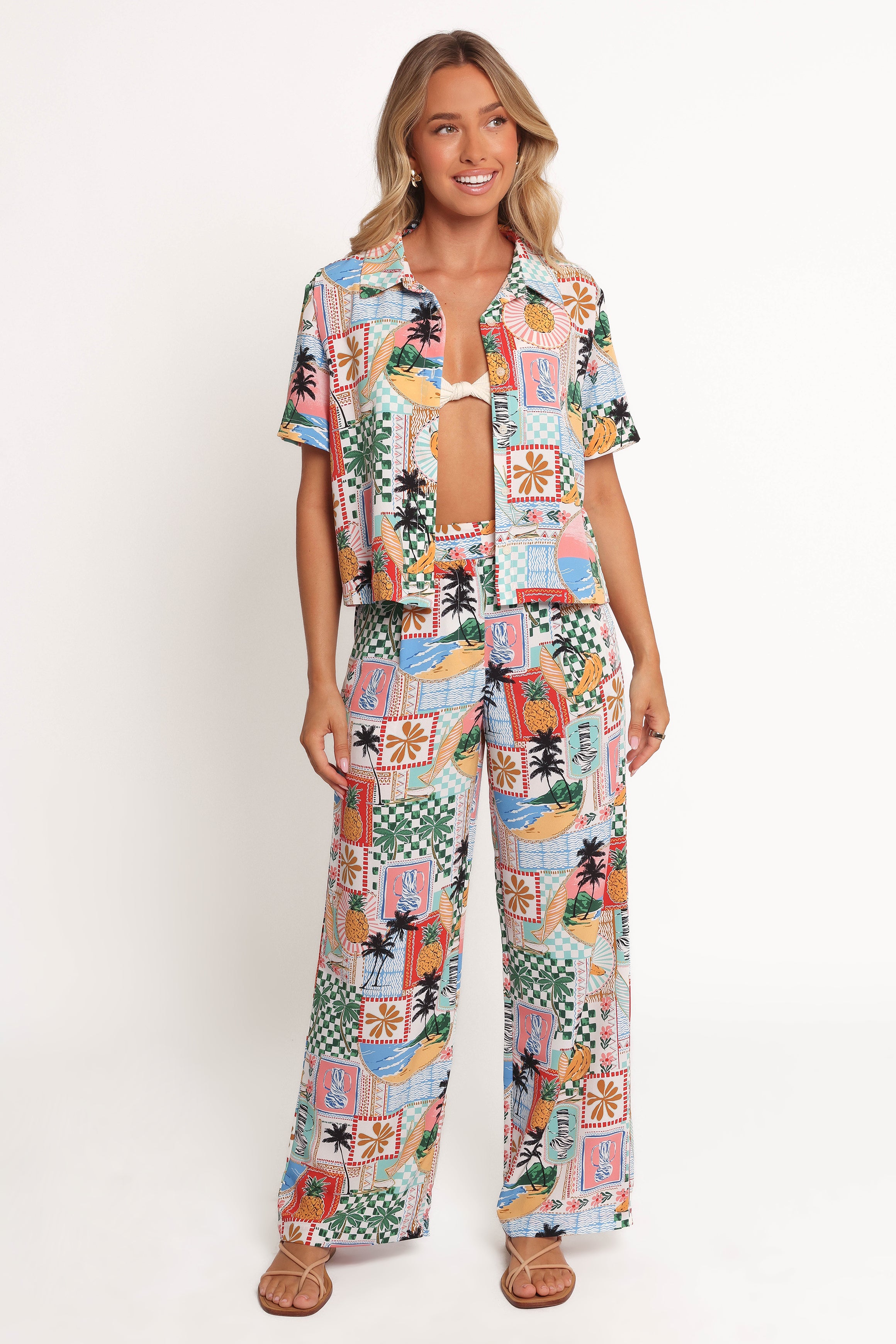 Valeria High Waisted Pants - Off White Tropical Print Polyester