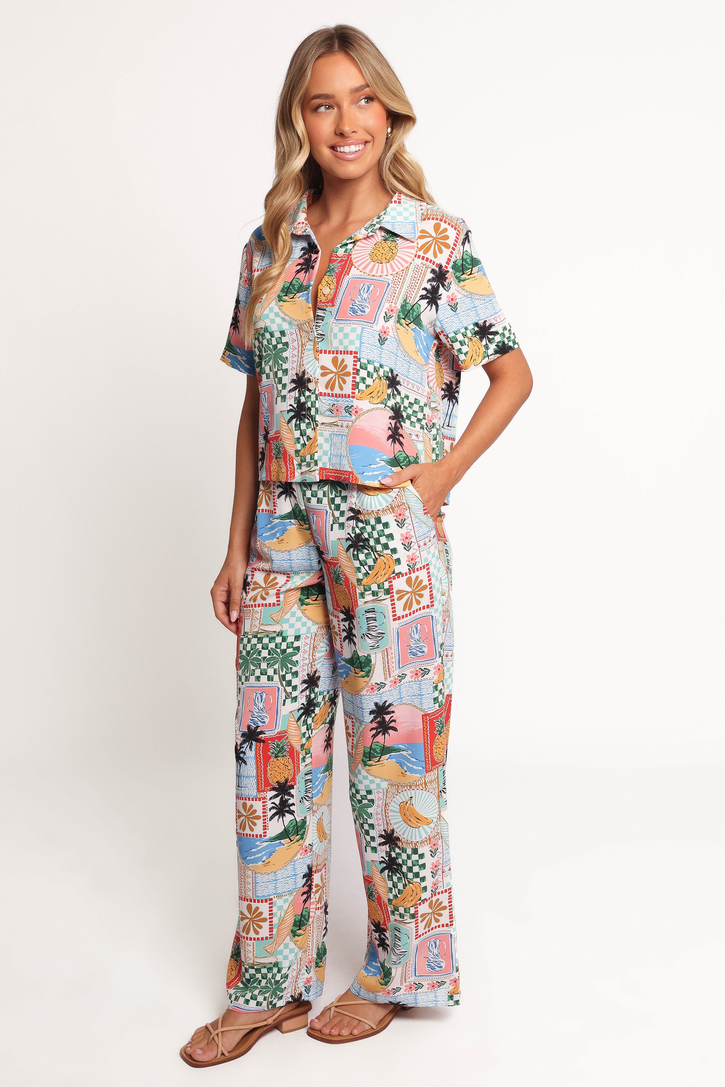 Valeria High Waisted Pants - Off White Tropical Print Polyester