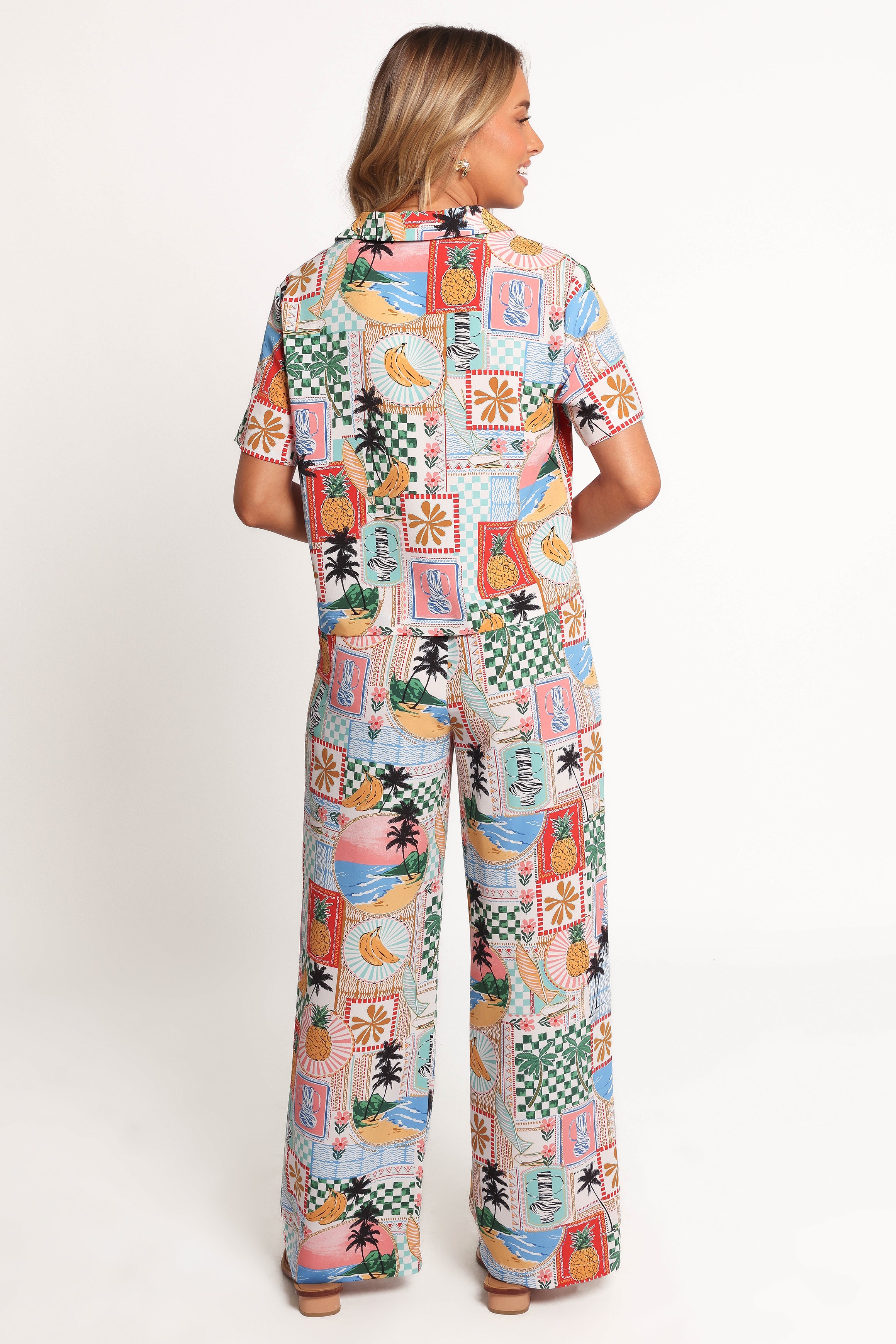 Valeria High Waisted Pants - Off White Tropical Print Polyester