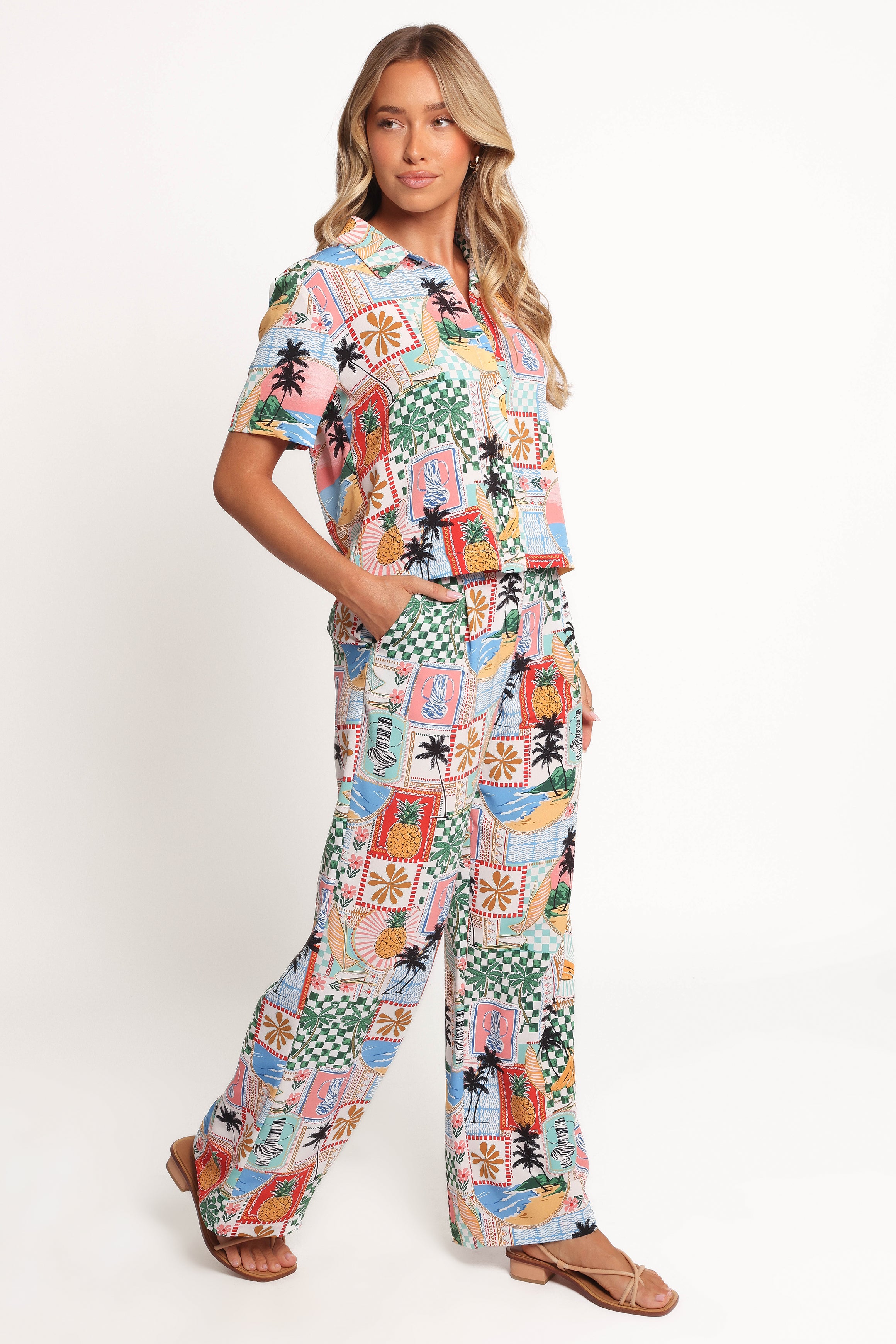 Valeria High Waisted Pants - Off White Tropical Print Polyester