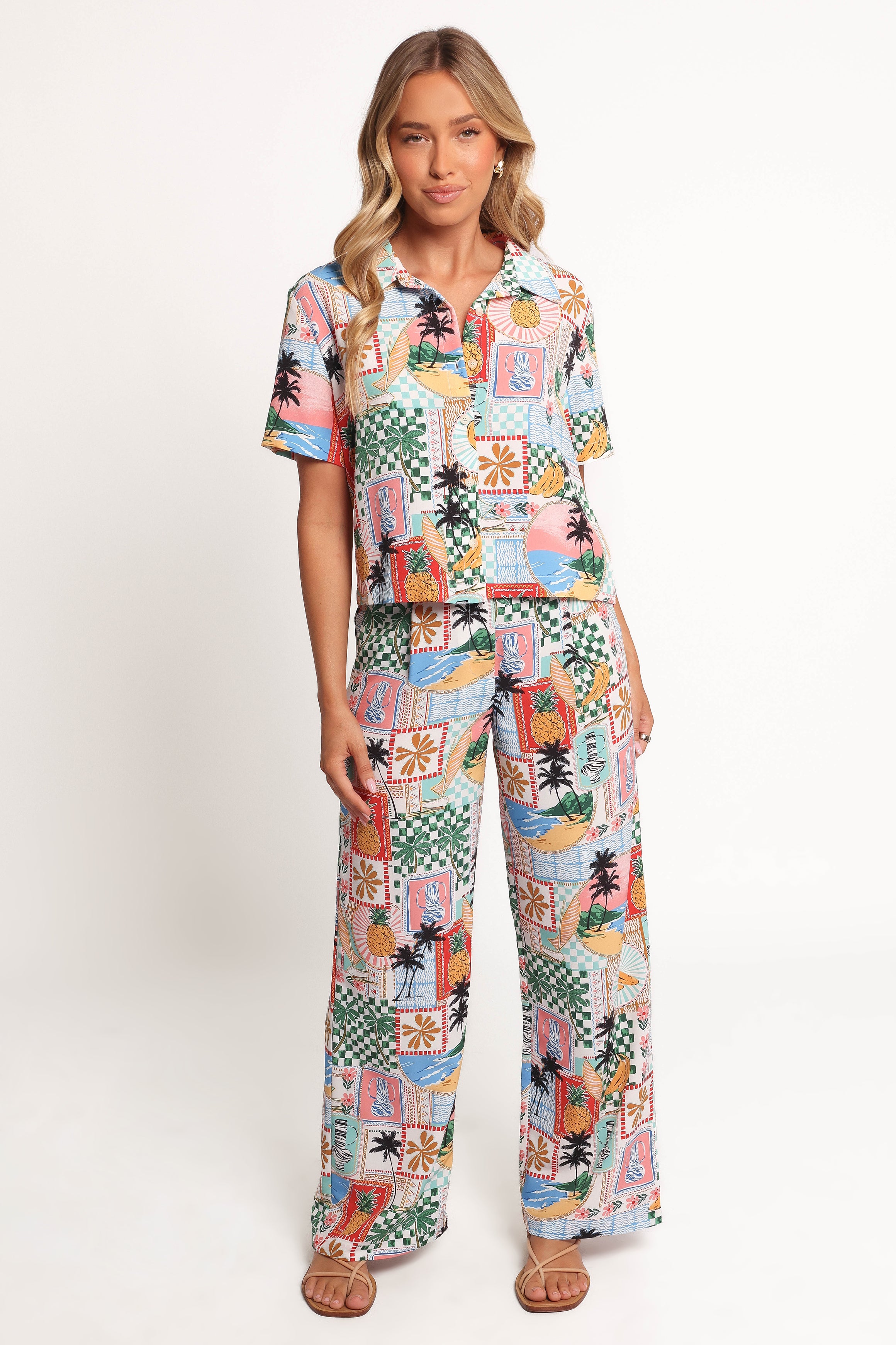 Valeria High Waisted Pants - Off White Tropical Print Polyester