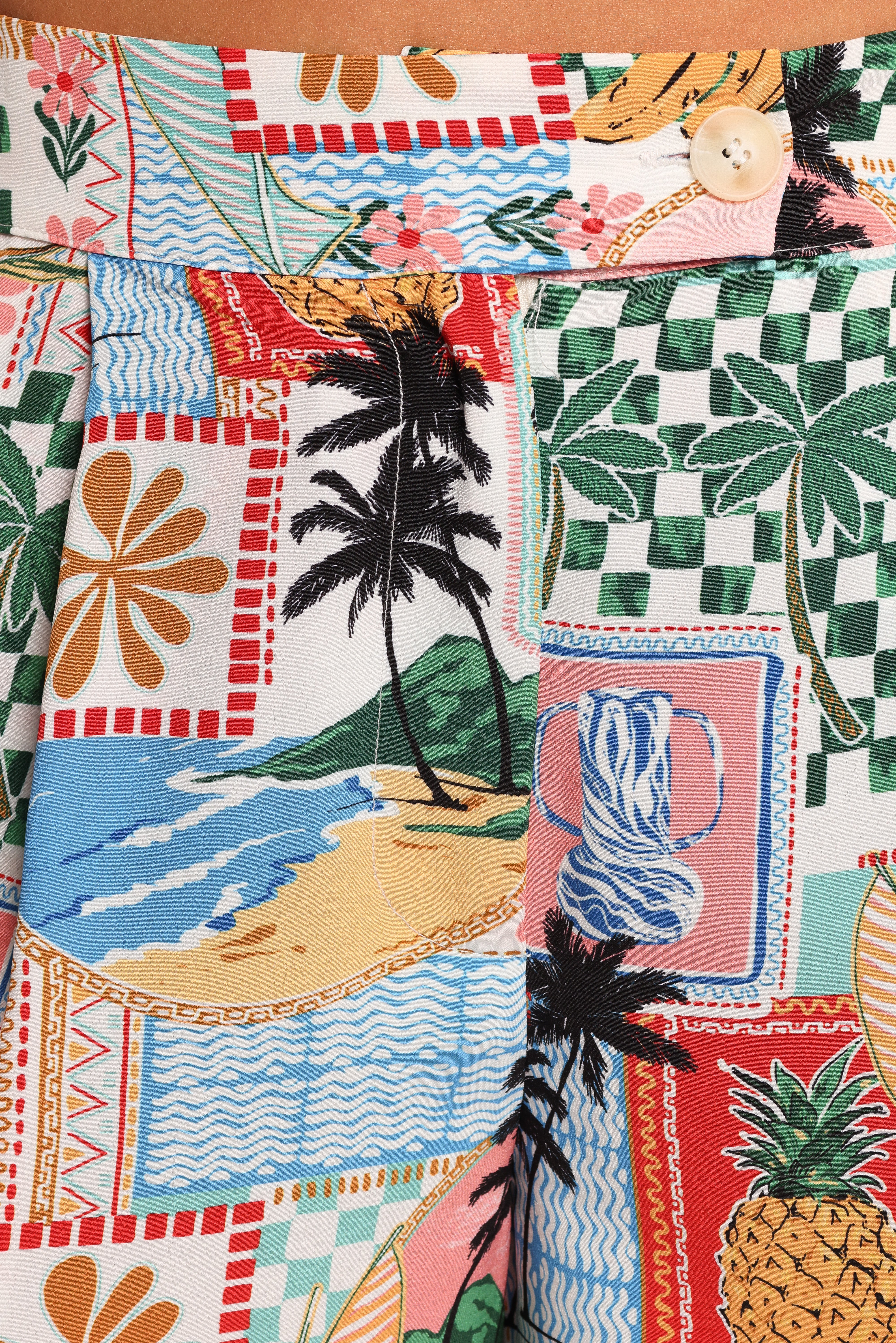 Valeria High Waisted Pants - Off White Tropical Print Polyester