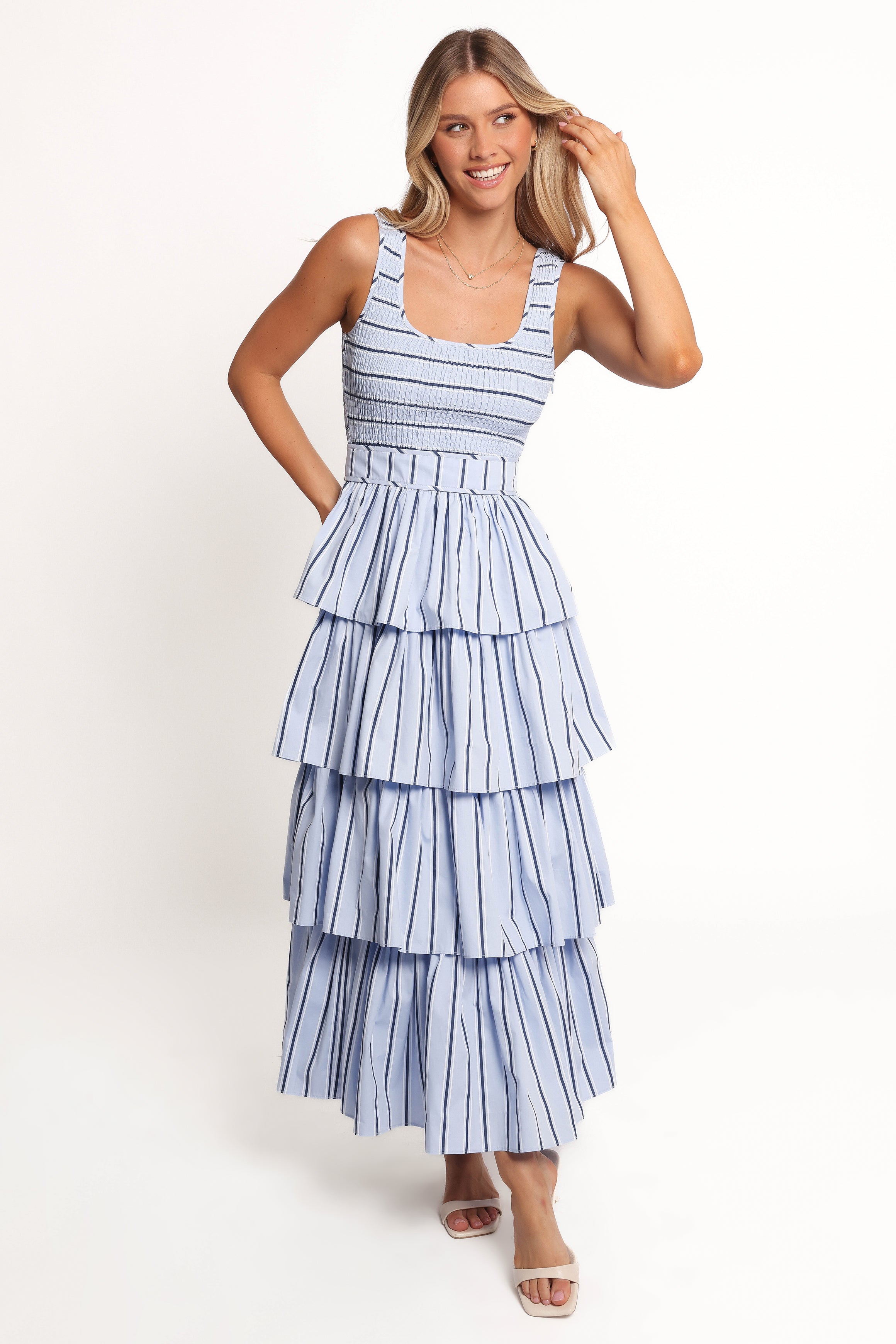 Waverly Blue Stripe Maxi Dress with Belt & Ruffle Skirt