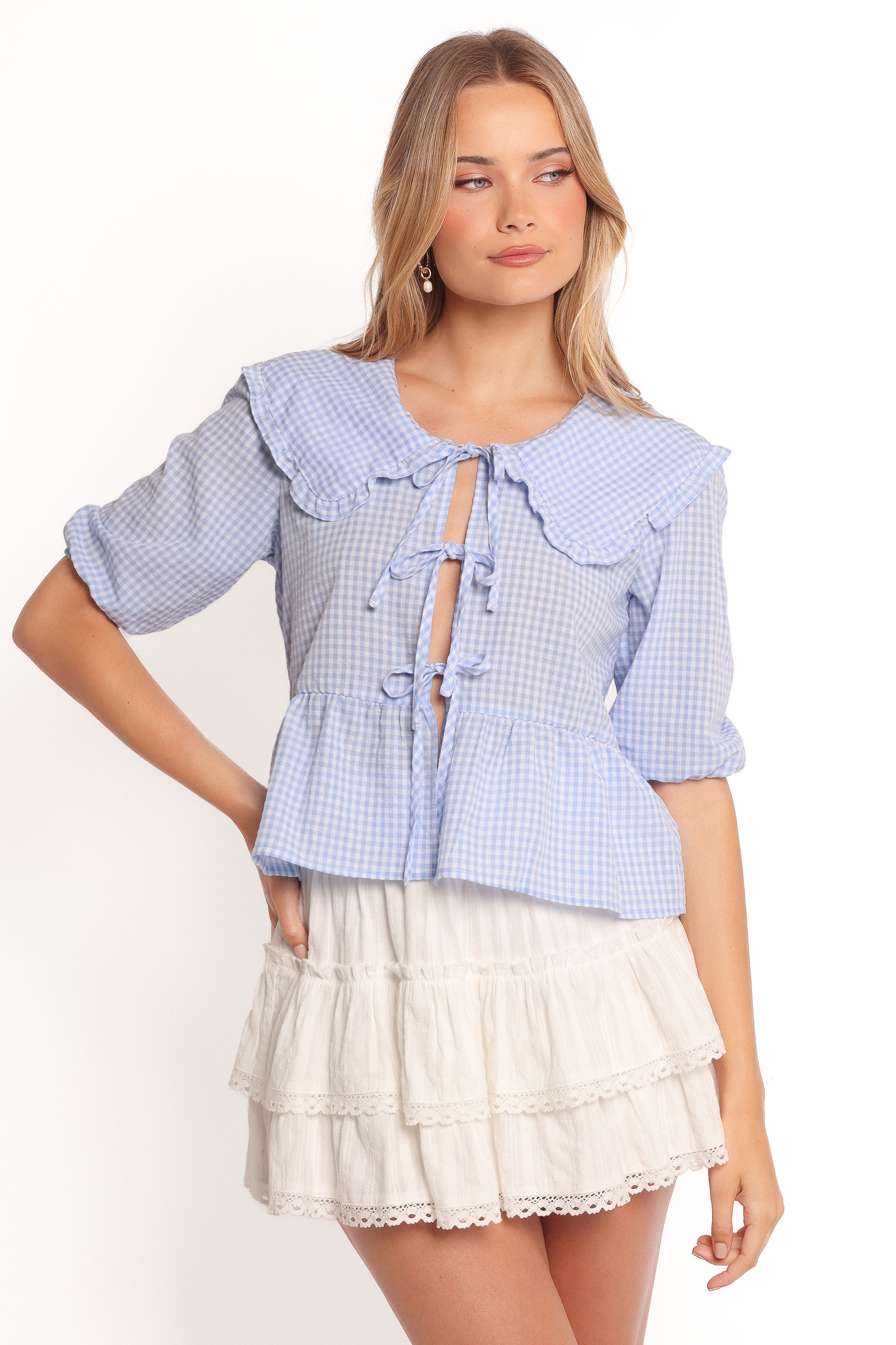 Blue Gingham Tie Front Top - Tillio Women's Blouse with V-Neck & Elastic Cuffs
