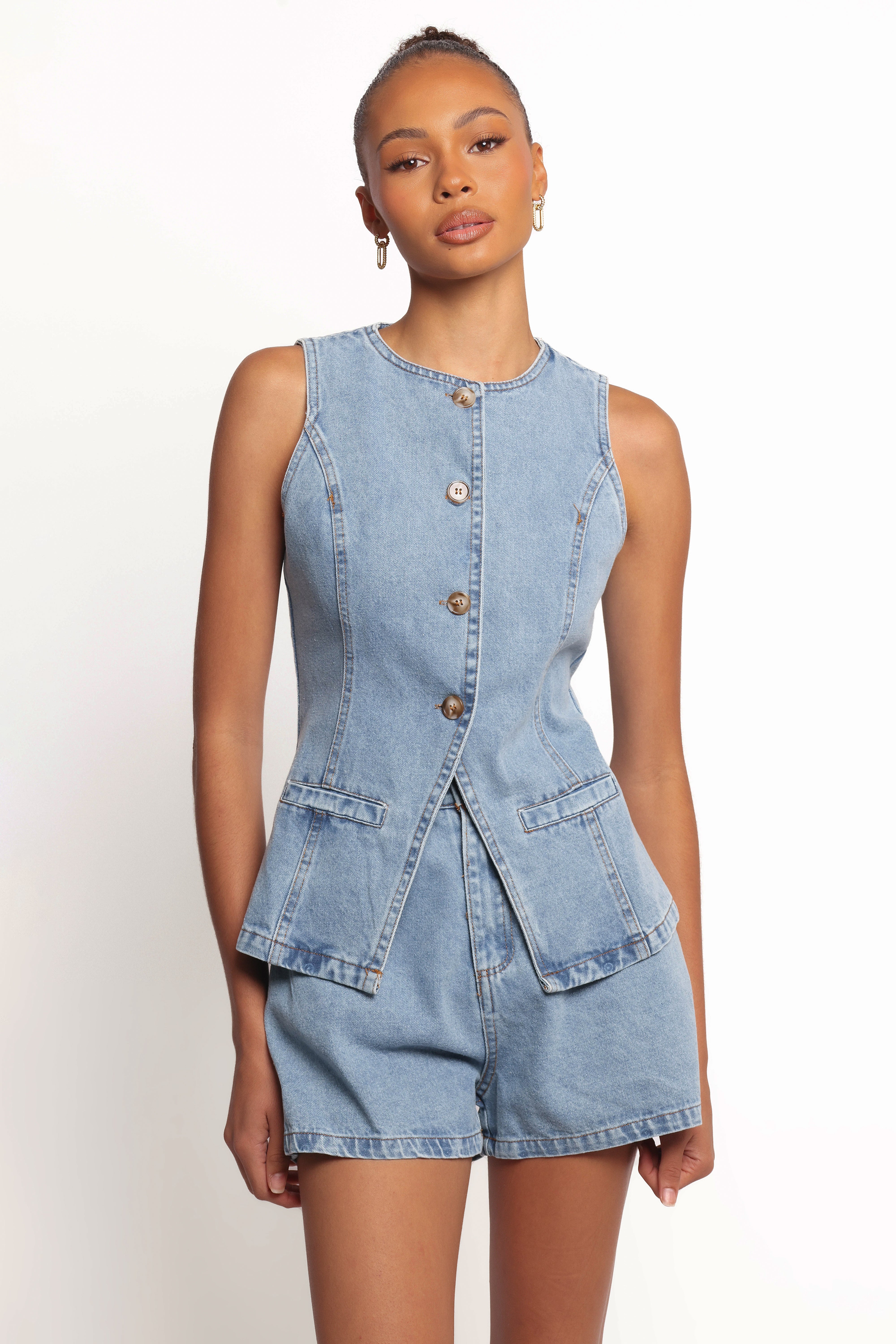 Almana Denim Shorts Set - Medium Blue Cotton Button Front