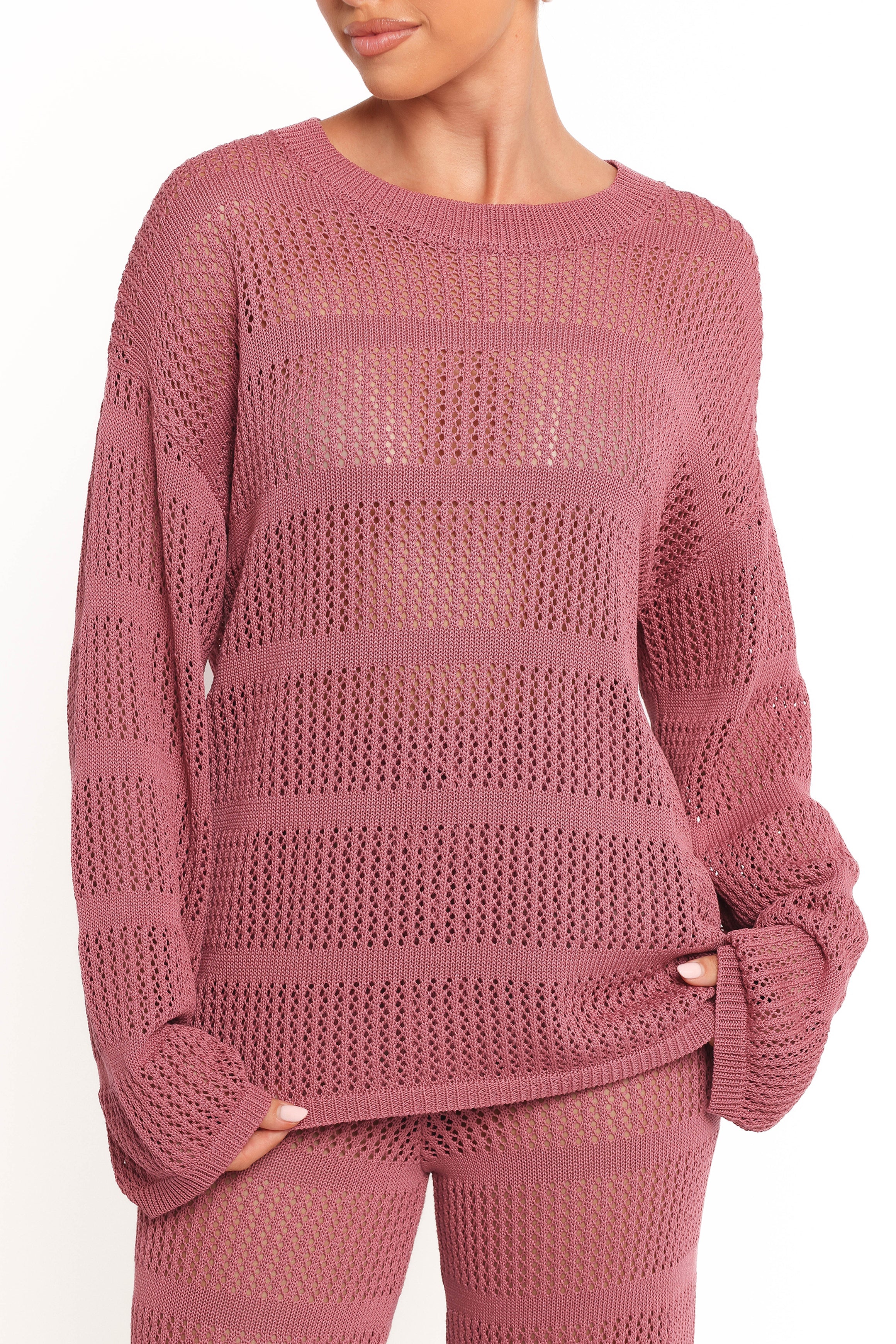 Crochet Knit Crawford Top - Rose Long Sleeve Blouse