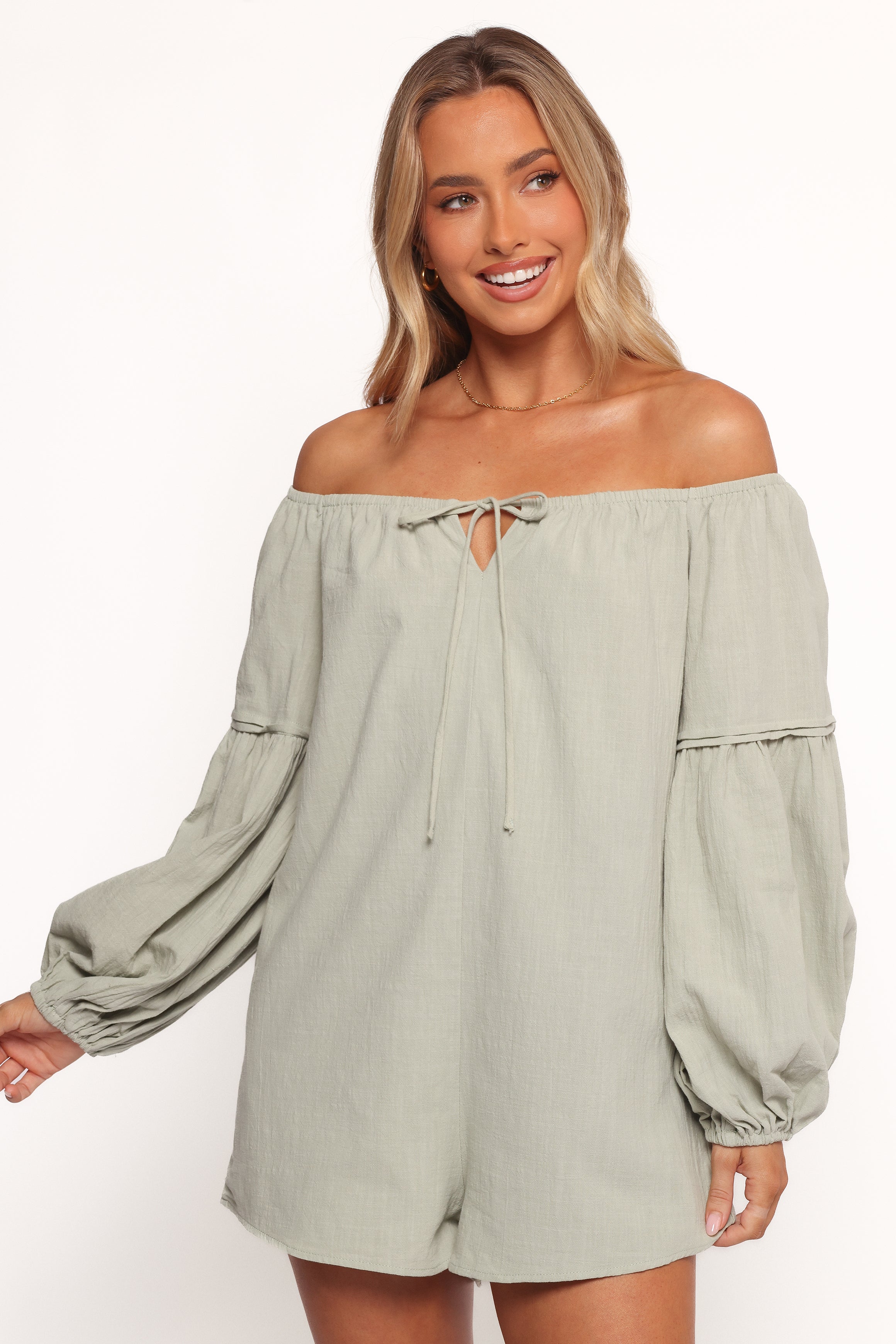 Anette Off Shoulder Romper - Long Sleeve Sage Cotton Jumpsuit