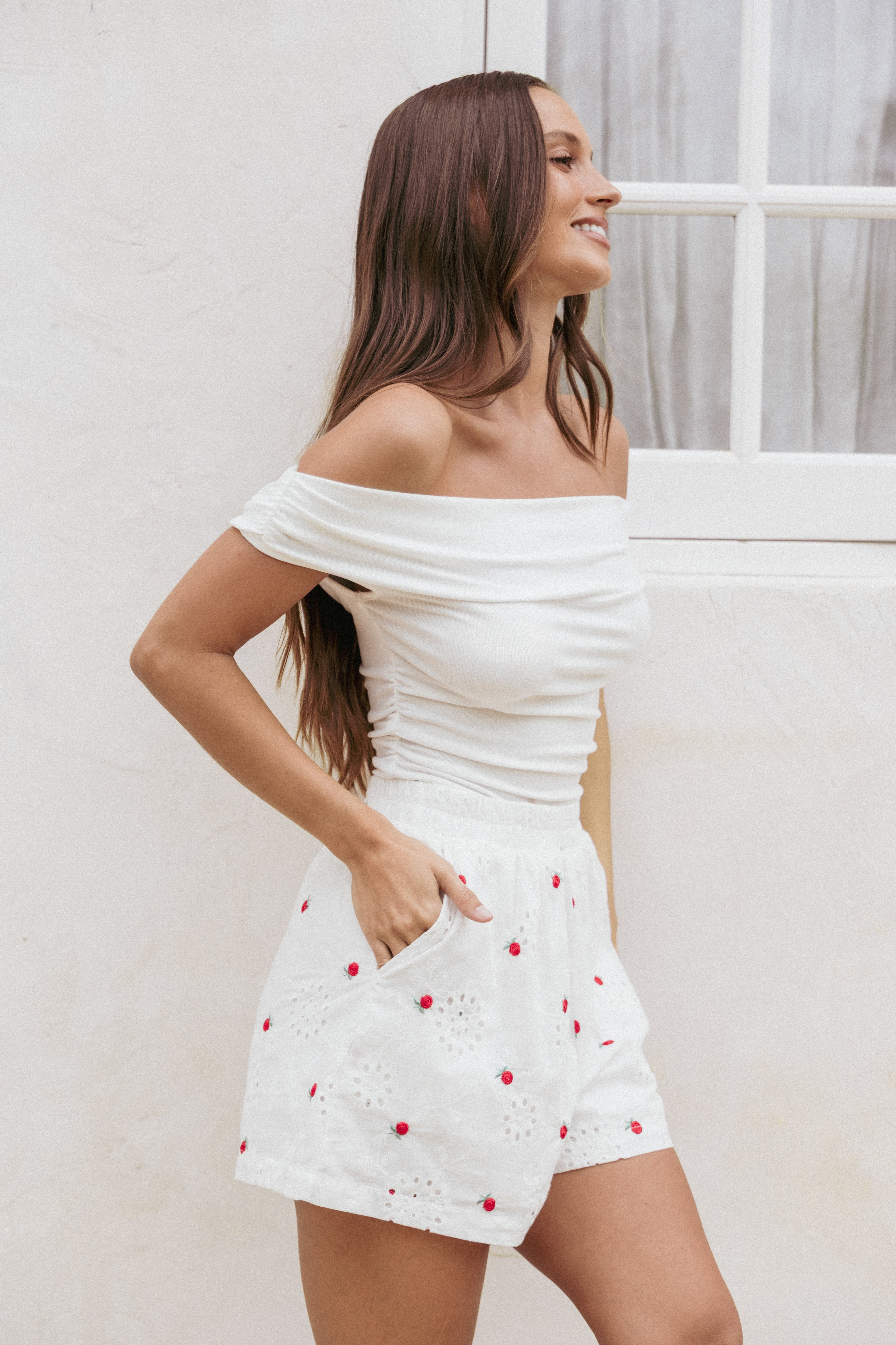 Aisha High Waisted Cotton Shorts with Embroidered Detail - White
