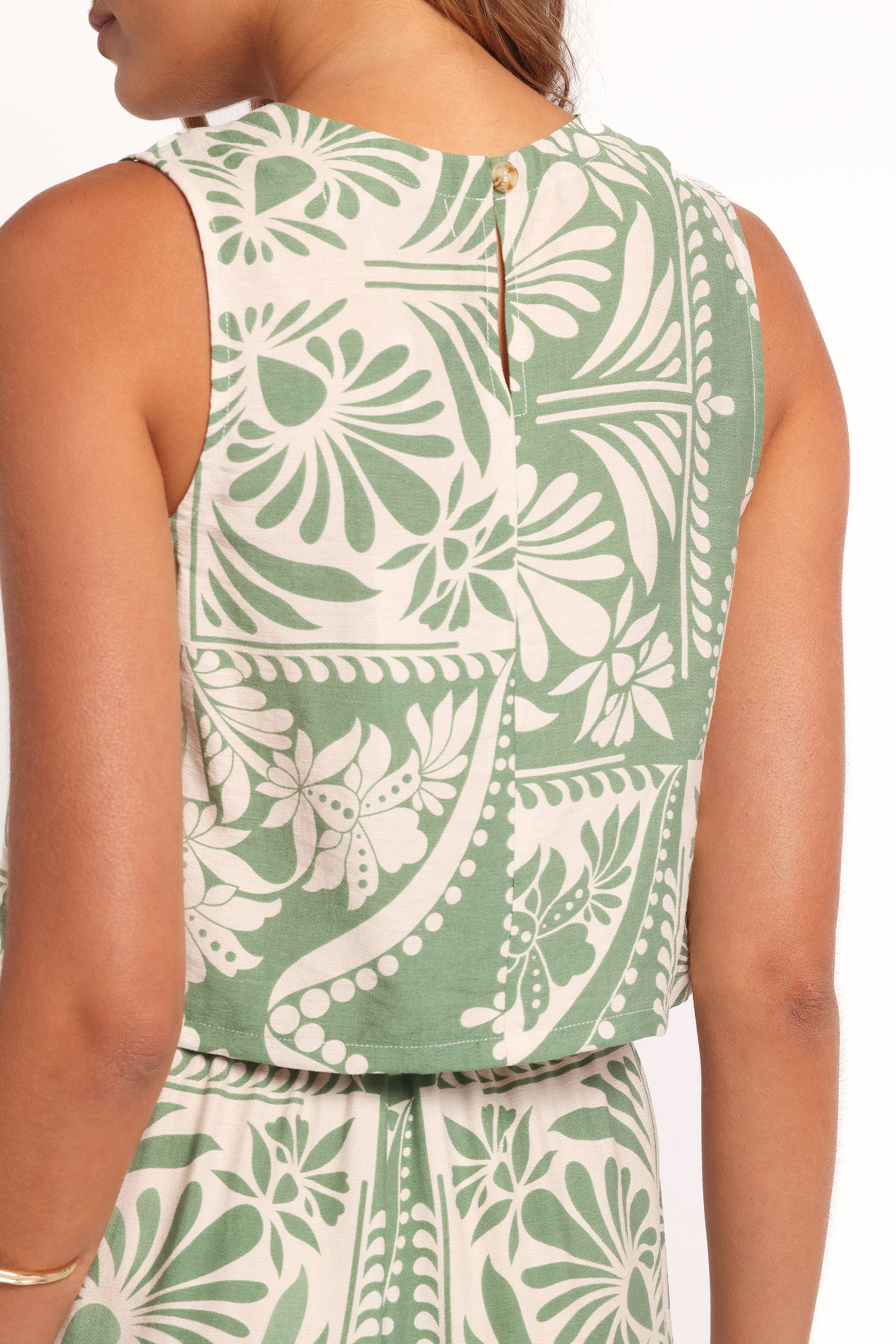 Green Floral Cropped Top - Square Neckline & Rayon Blend
