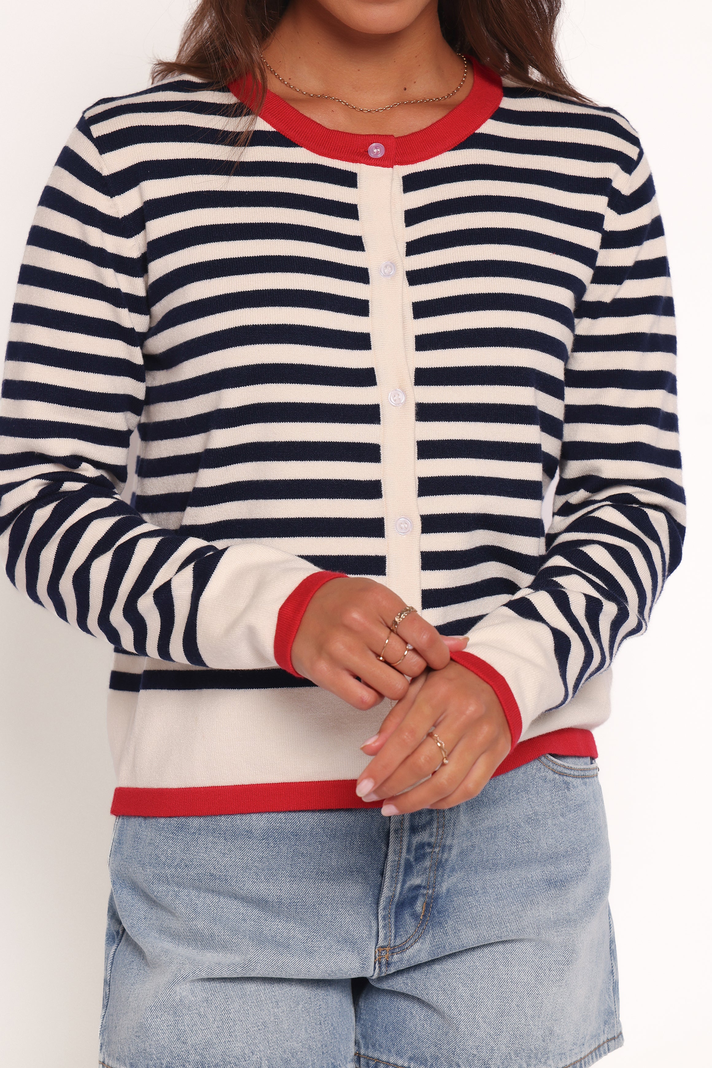 Scout Blue Stripe Cardigan with Red Trim - Viscose Nylon Blend