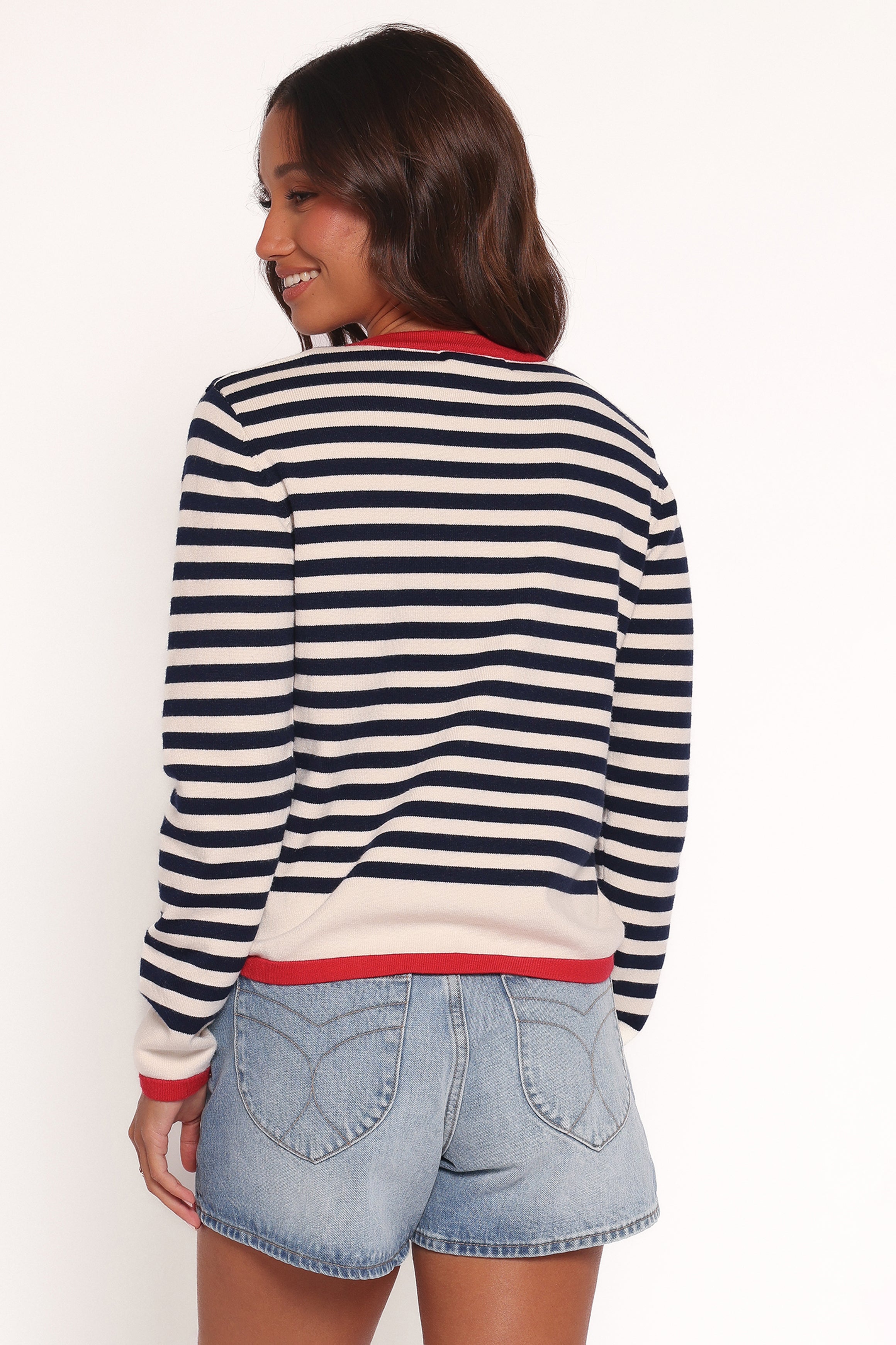 Scout Blue Stripe Cardigan with Red Trim - Viscose Nylon Blend