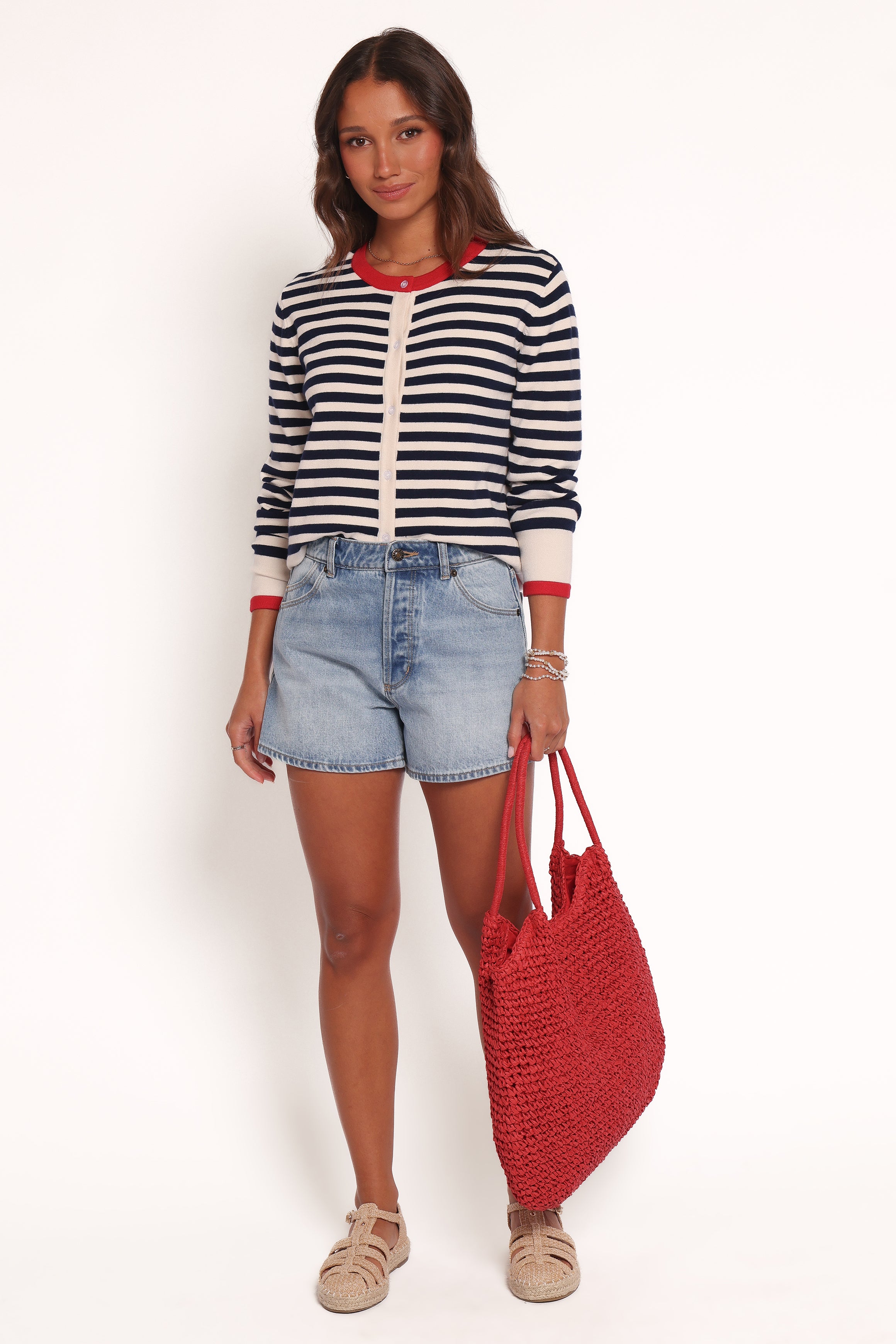 Scout Blue Stripe Cardigan with Red Trim - Viscose Nylon Blend
