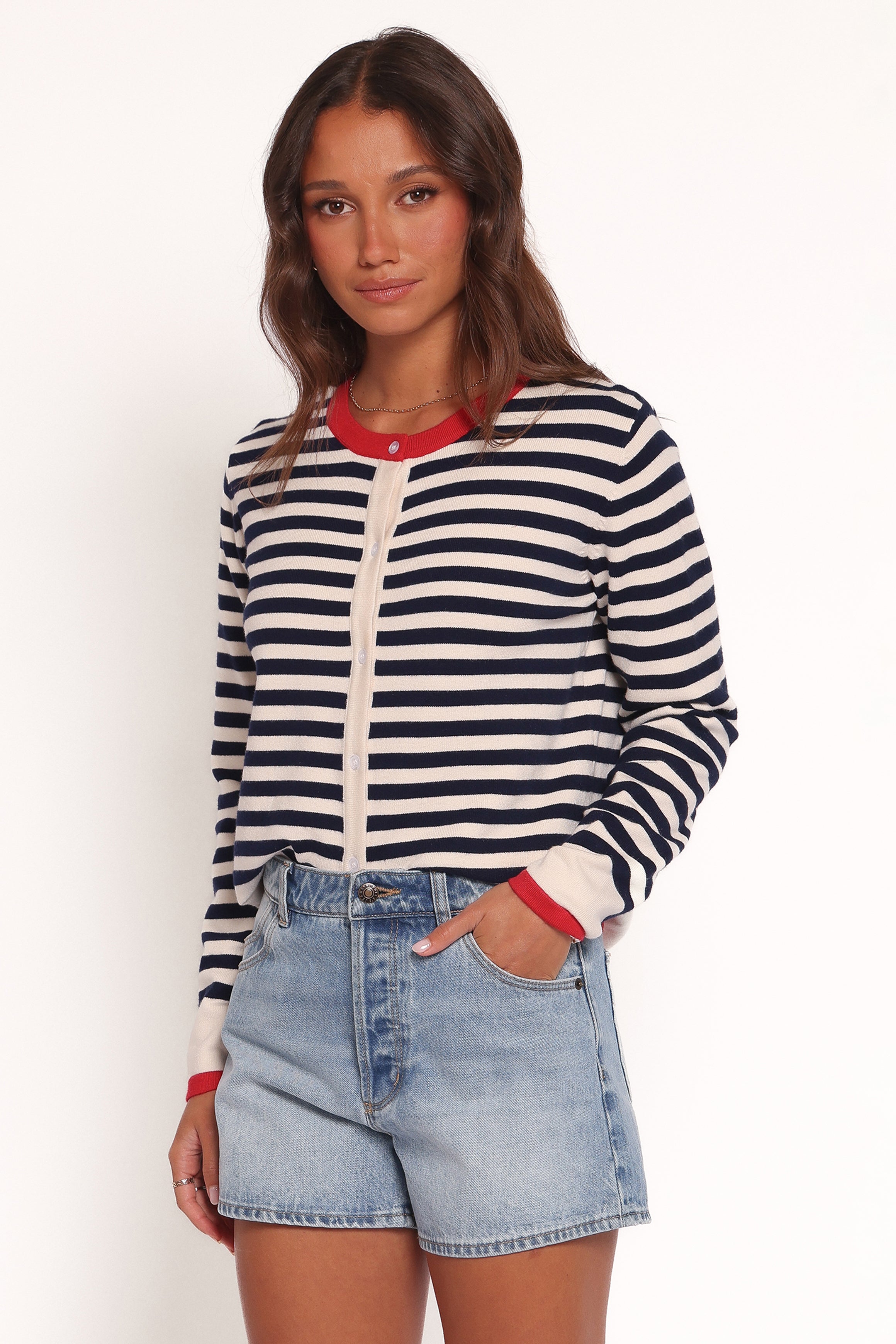 Scout Blue Stripe Cardigan with Red Trim - Viscose Nylon Blend