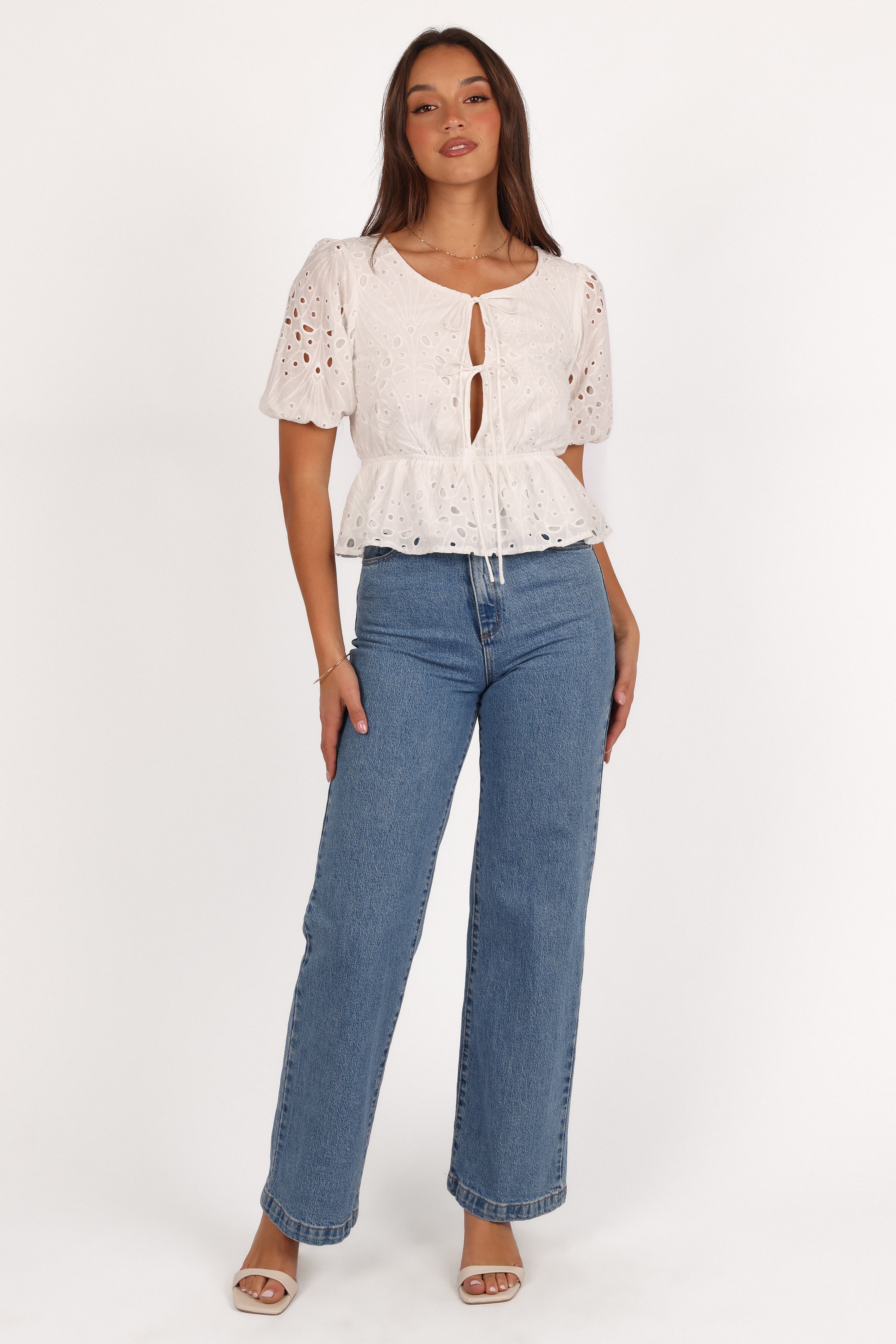 Women's White Flora Cropped Top with Puff Sleeves & Peplum Hem