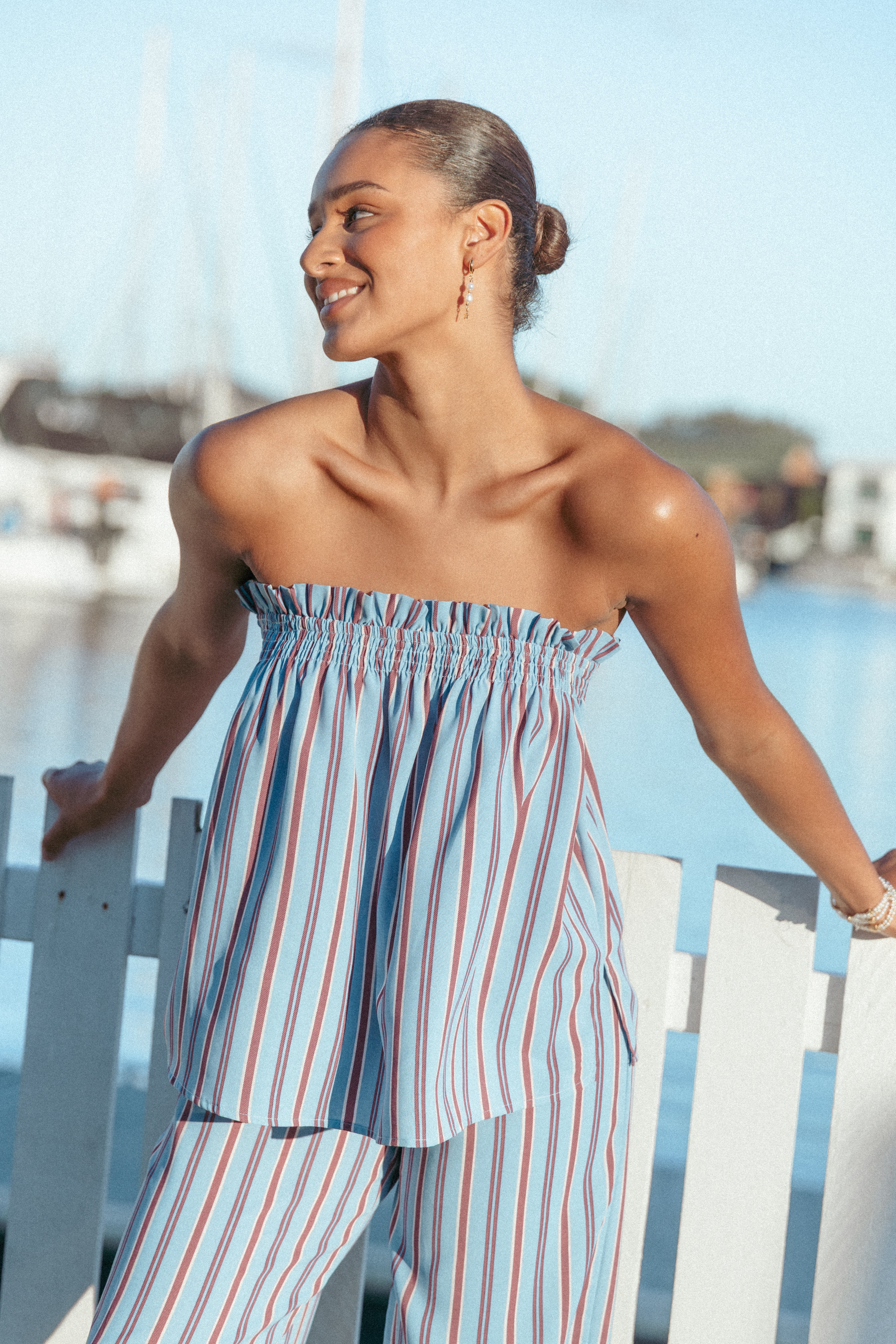 Zemira Blue Stripe Strapless Top - Elastic Shirred Neckline