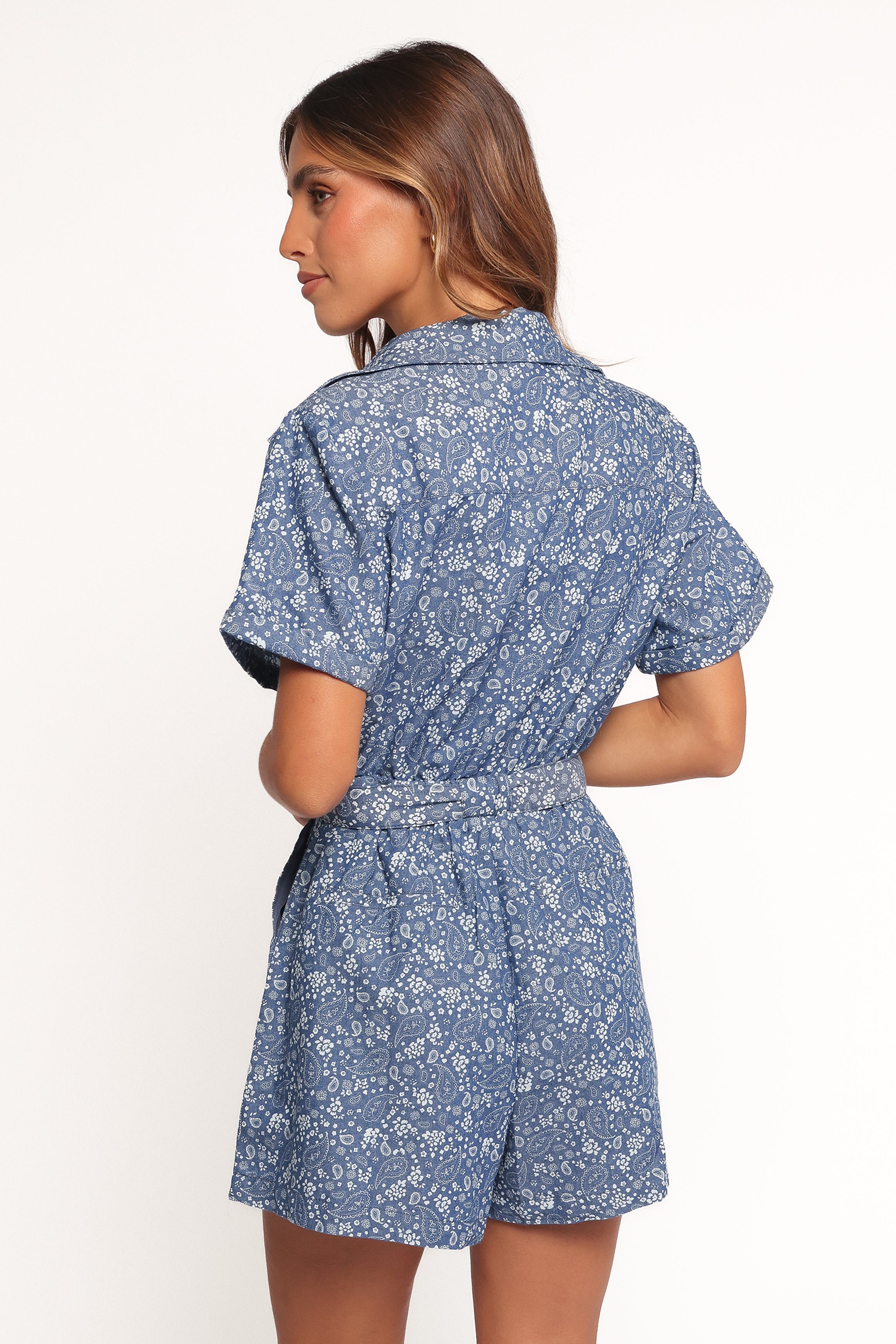 Adela Chambray Romper with V-Neck & Front Zip