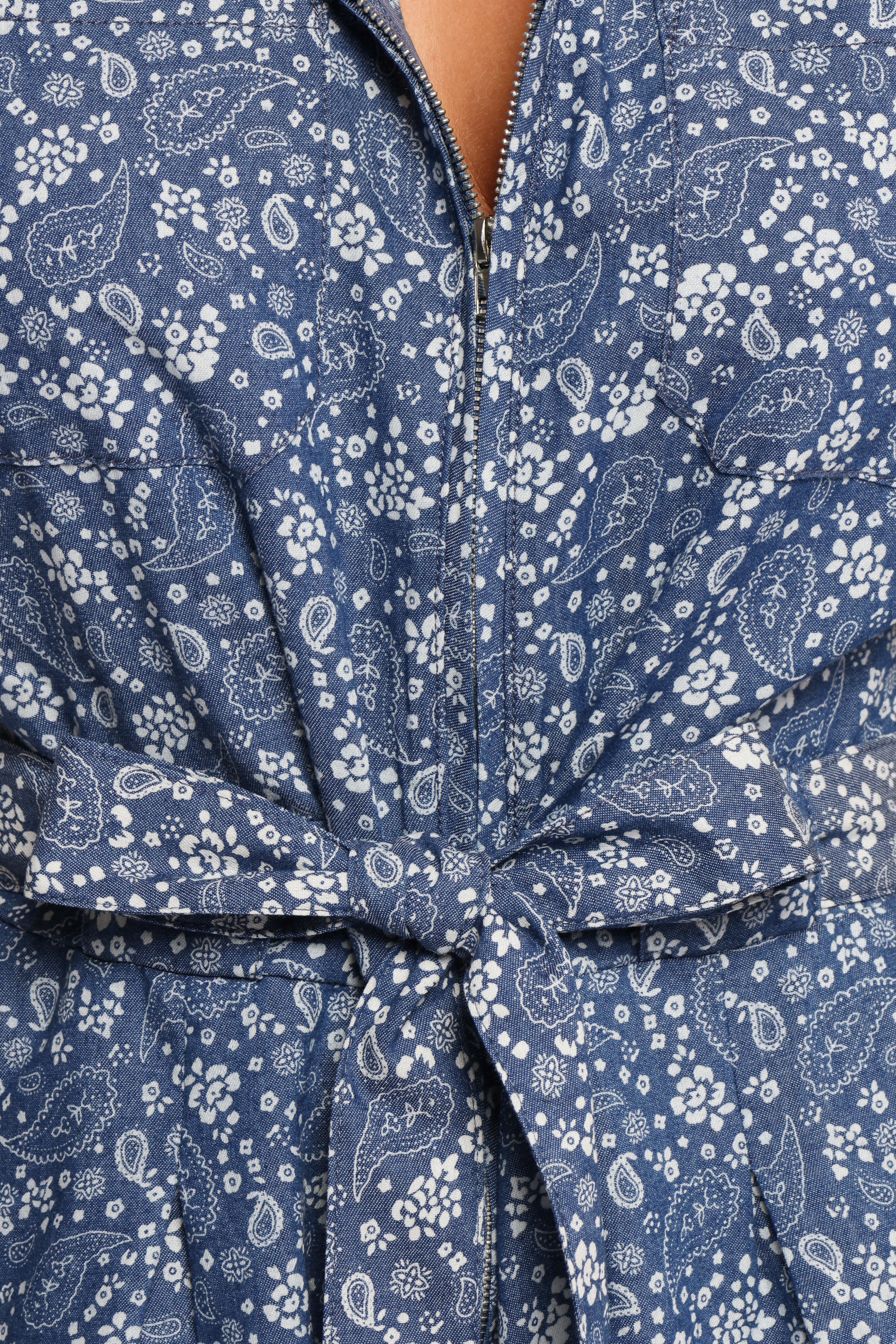 Adela Chambray Romper with V-Neck & Front Zip