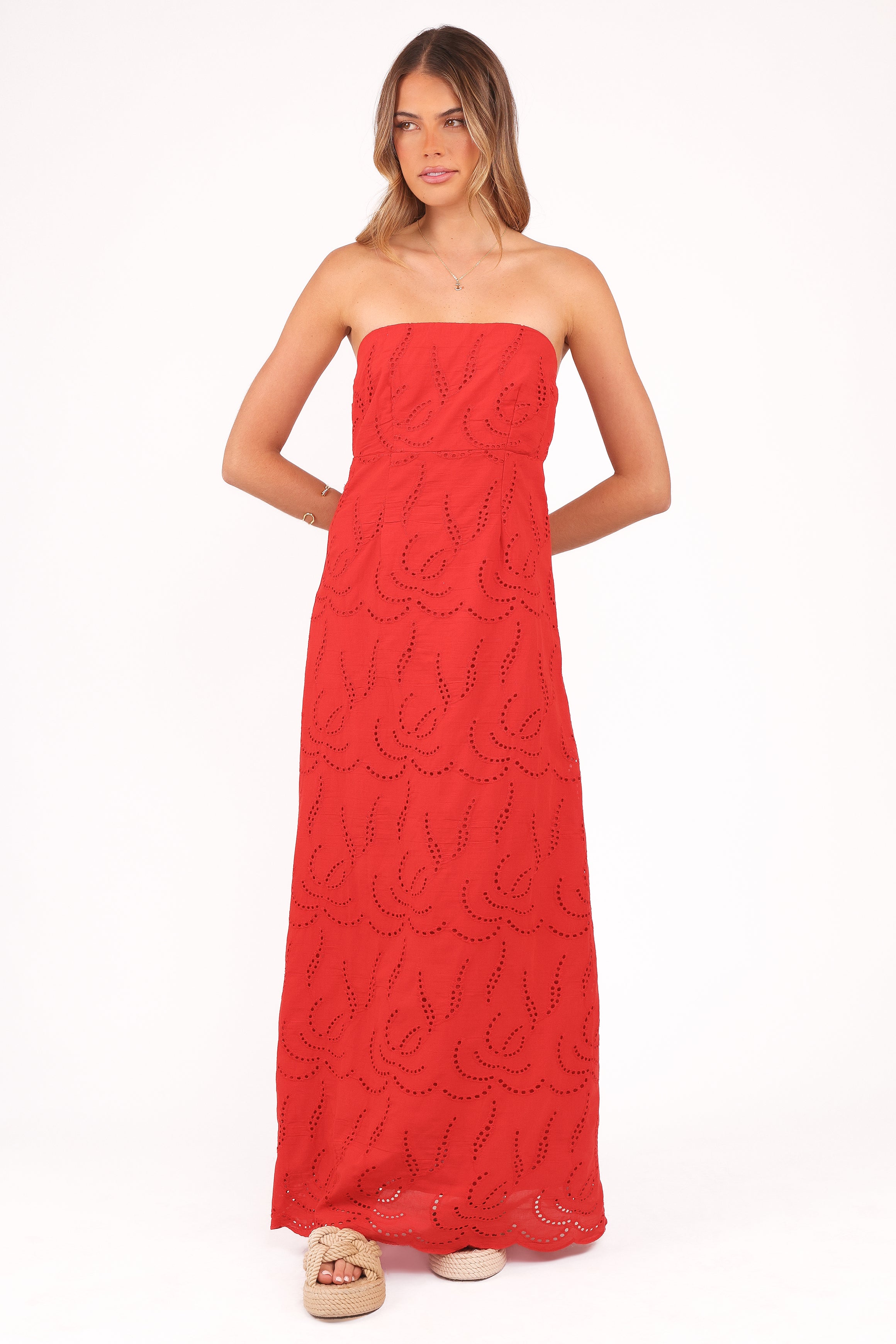 Annika Strapless Cotton Maxi Dress with Embroidered Overlay - Red