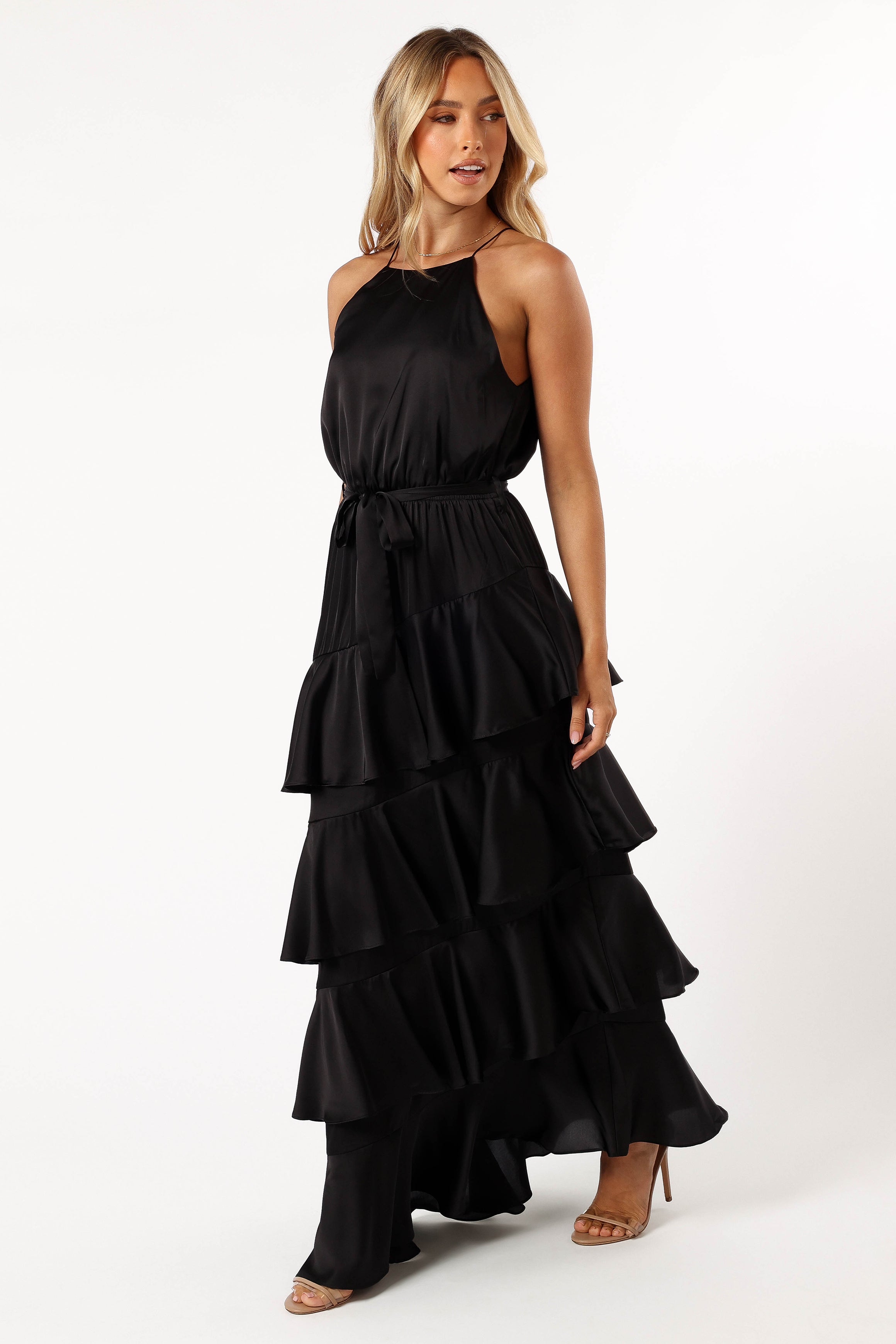 Black Satin Annalise Tiered Maxi Dress for Parties